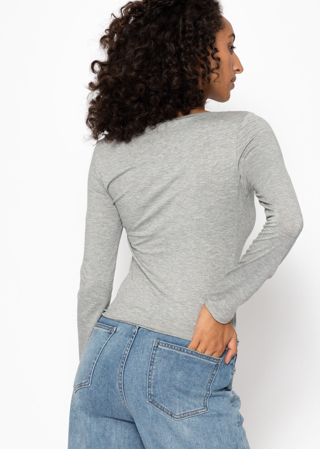 Langarmshirt mit Ausschnitt - grau