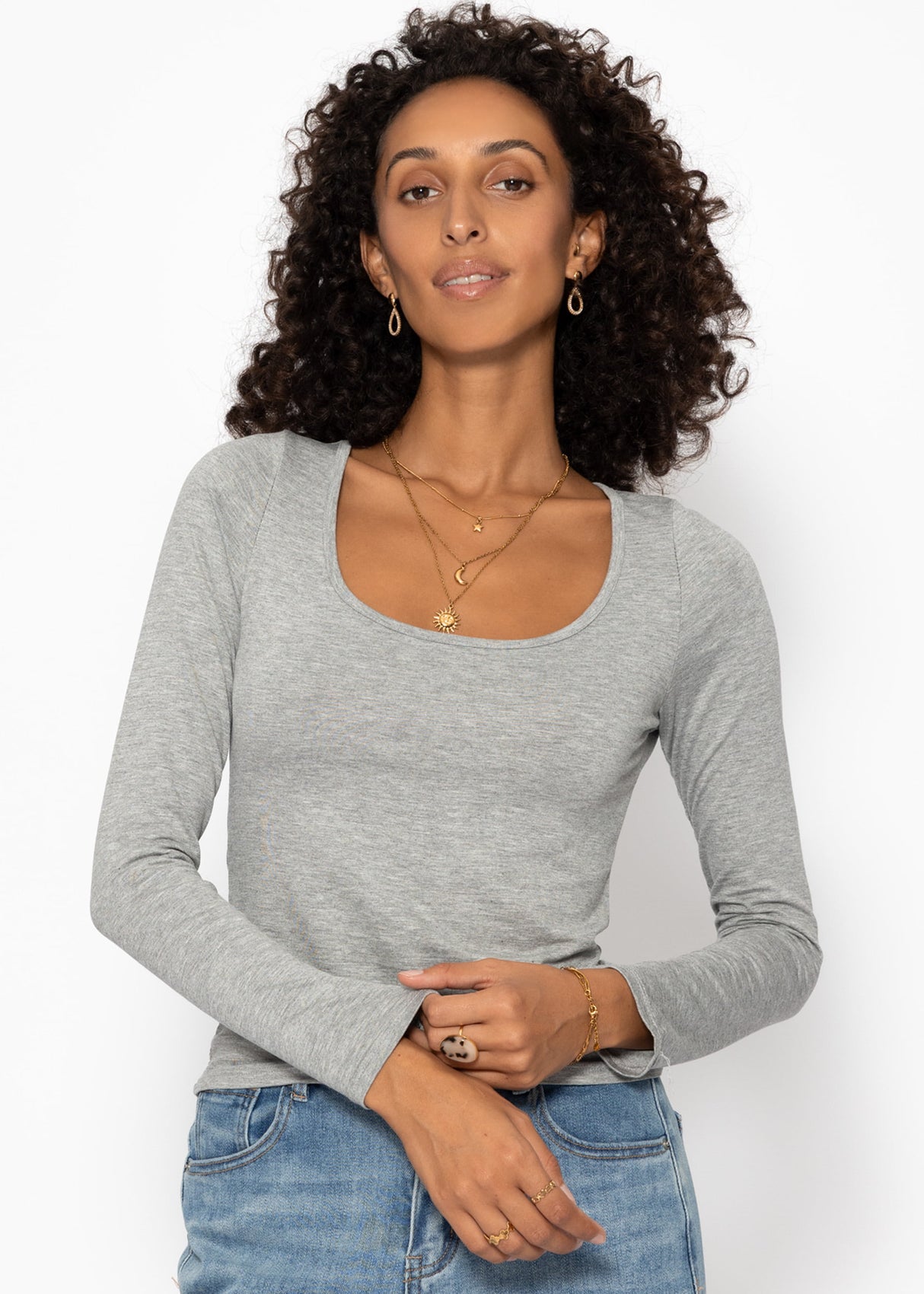 Langarmshirt mit Ausschnitt - grau