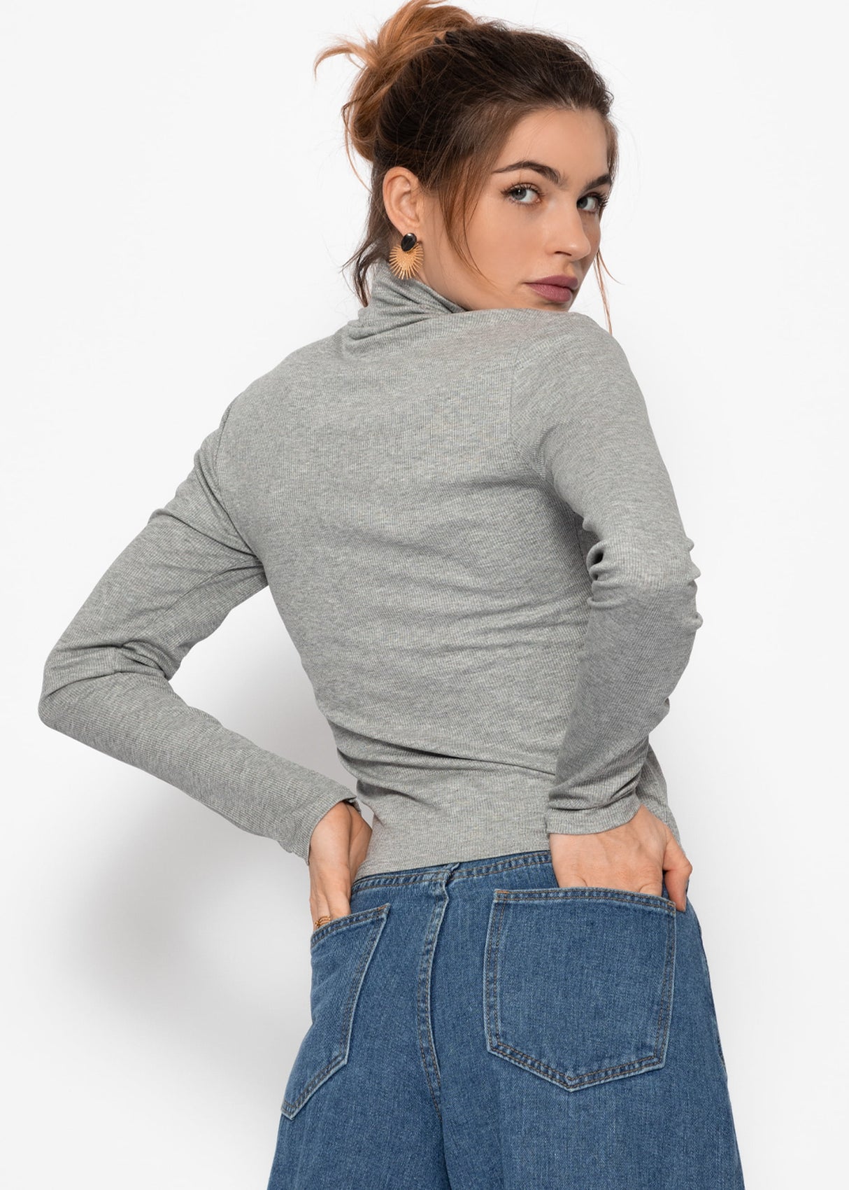 Langarmshirt mit Rollkragen und Biese - grau