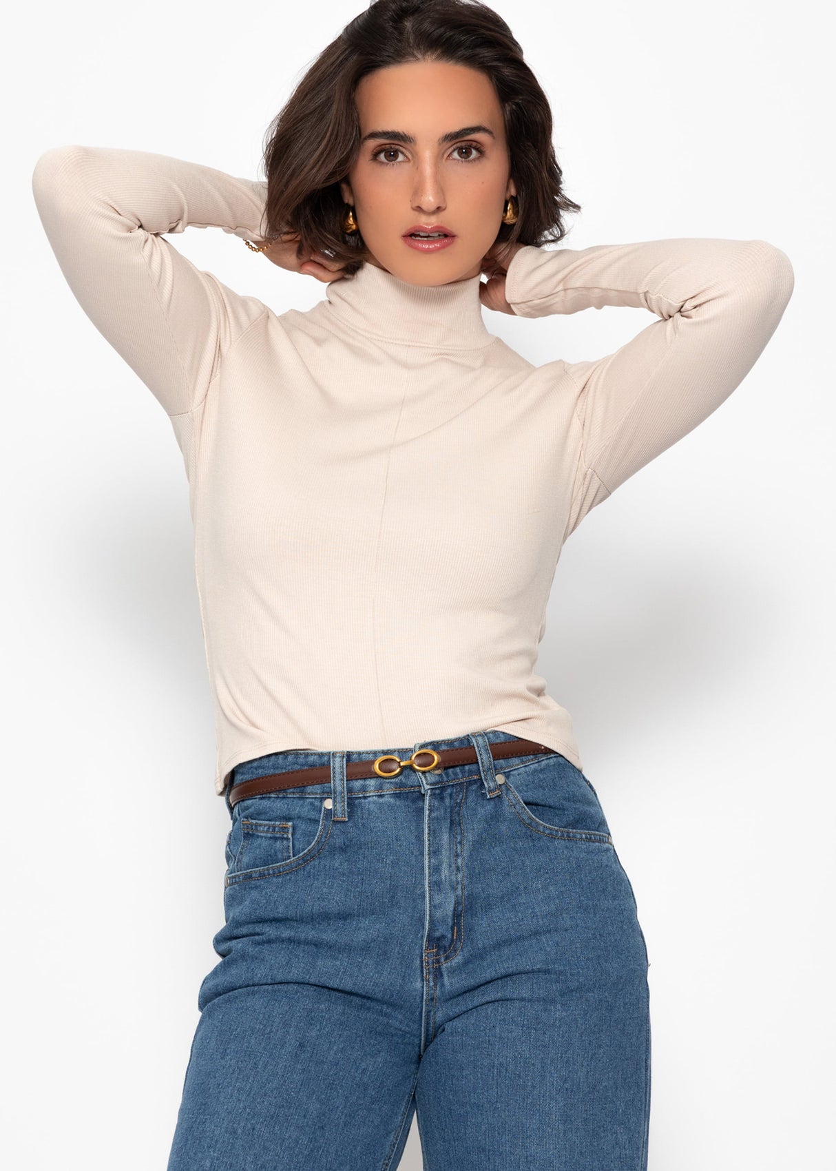 Langarmshirt mit Rollkragen und Biese - beige