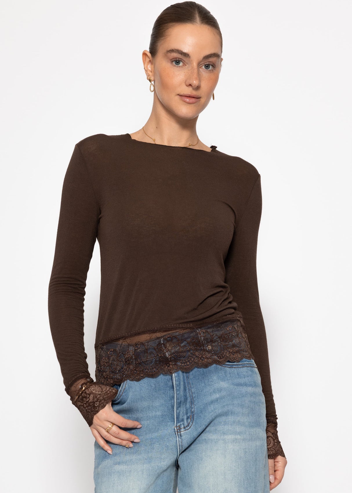 Long-sleeved shirt with lace trim and cashmere content - brown
