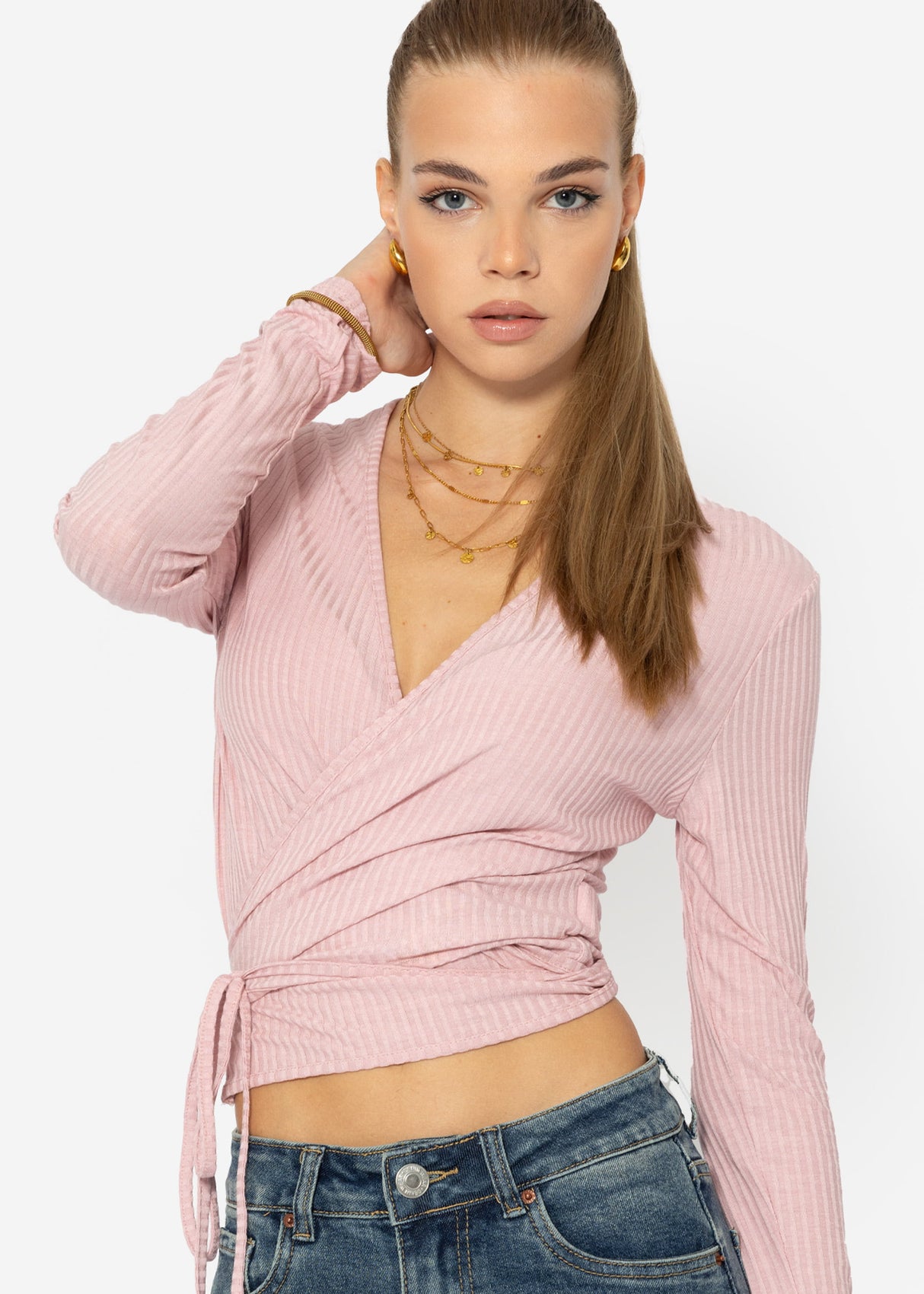 Long-sleeved wrap shirt, pink