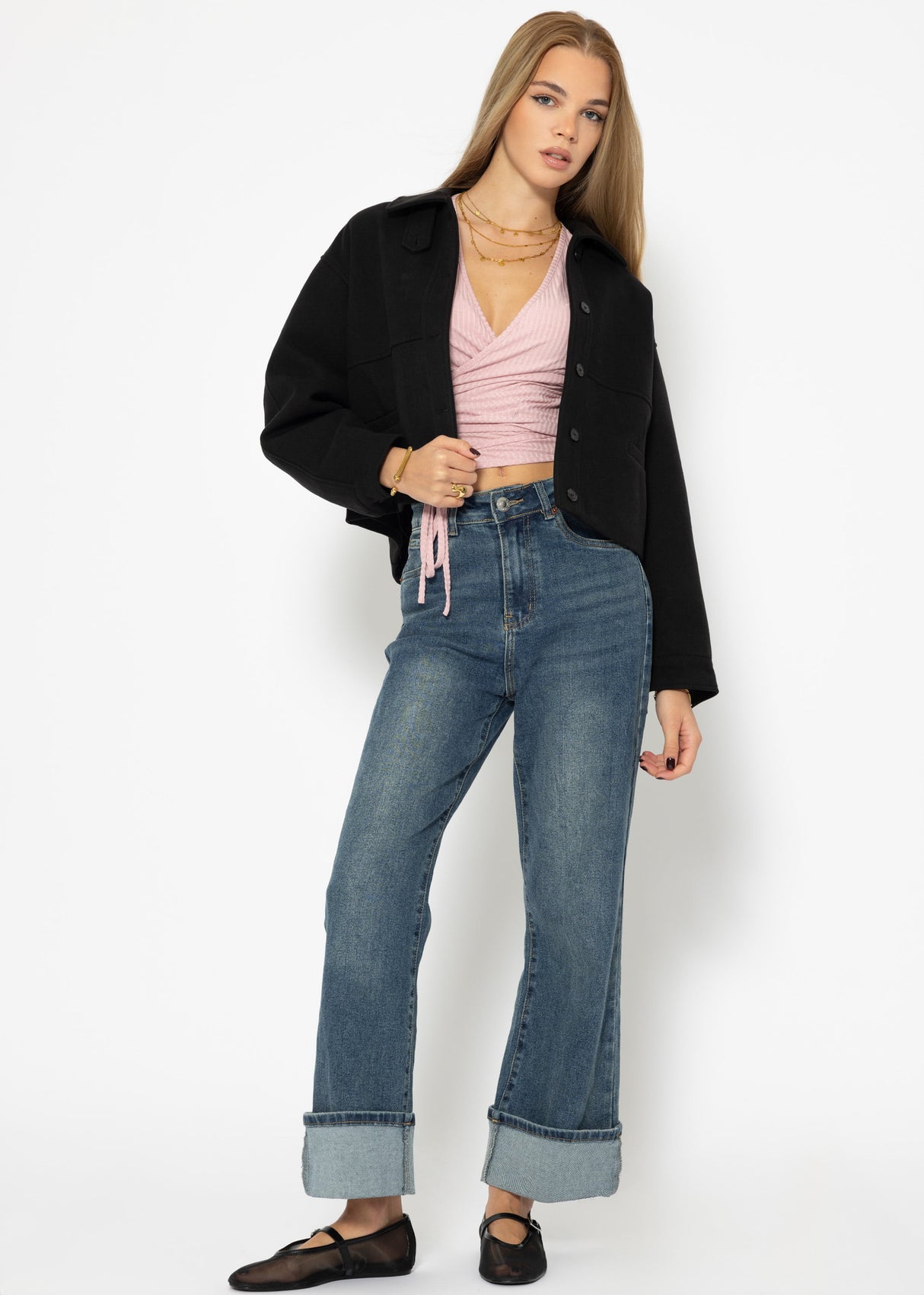 Long-sleeved wrap shirt, pink