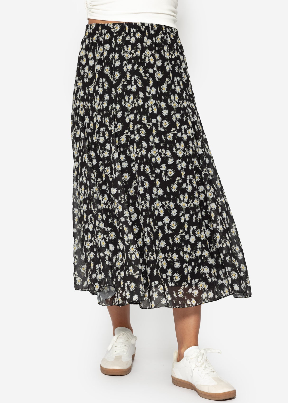 Langer Chiffon Rock mit Blümchen-Print - schwarz