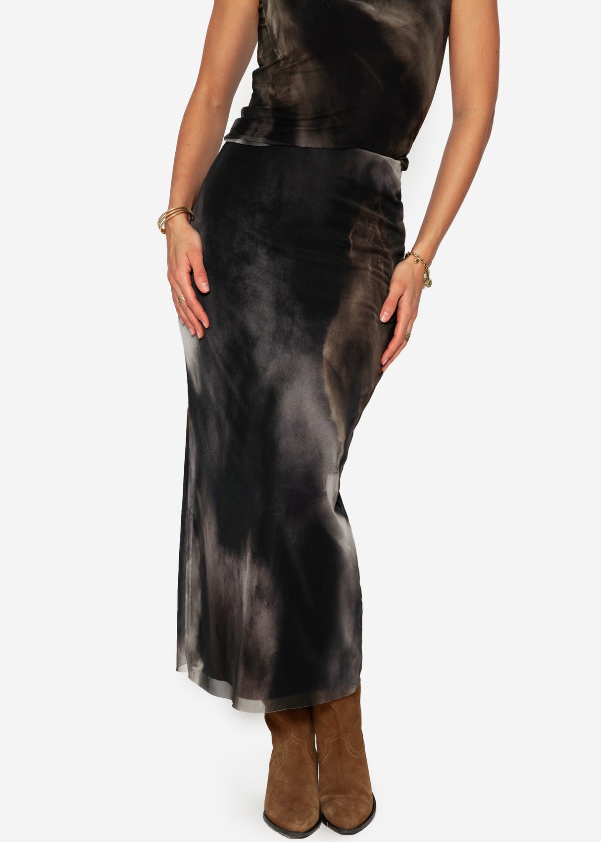 Long mesh skirt with print - anthracite