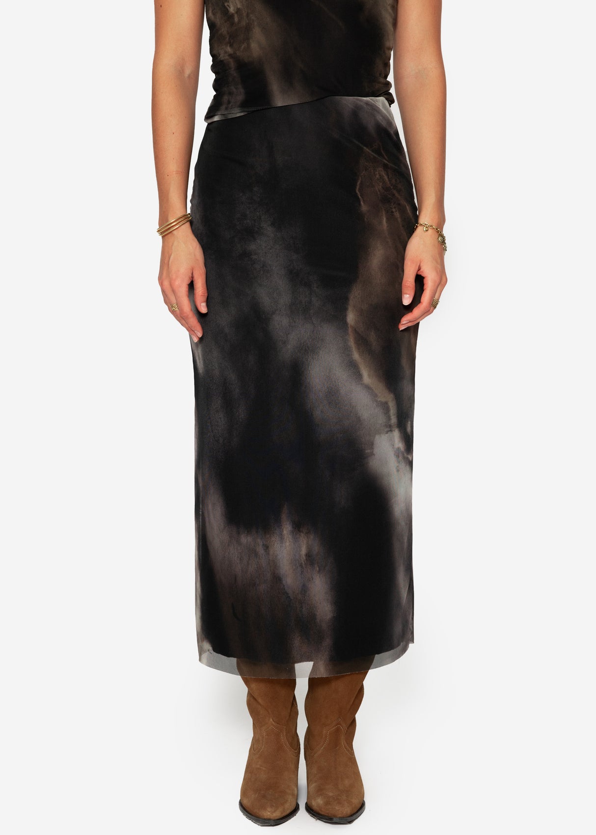 Long mesh skirt with print - anthracite