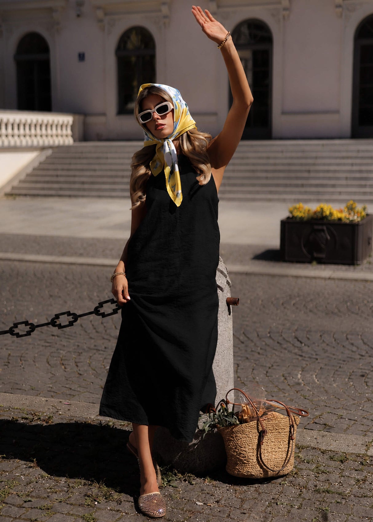 Langes Slip Kleid mit Trägern - schwarz