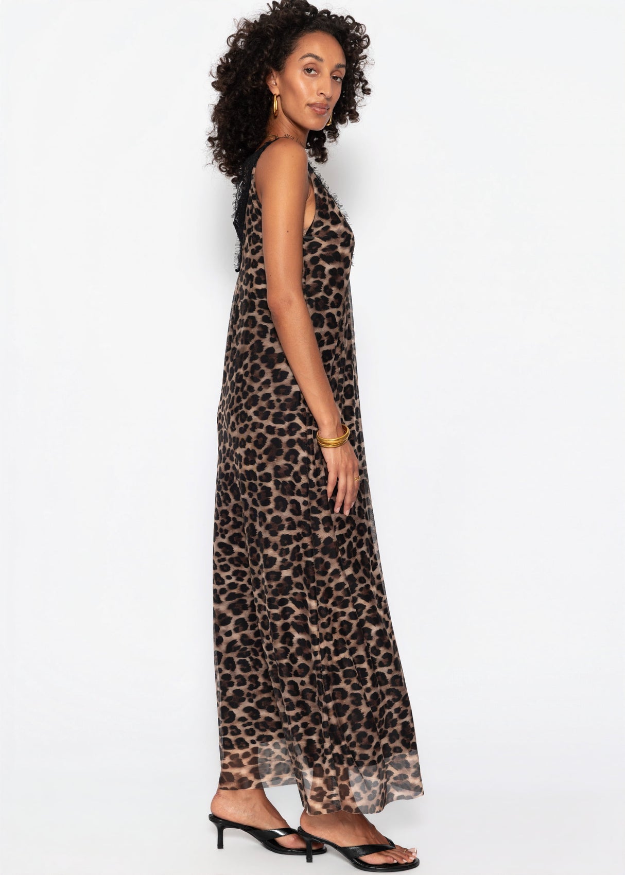 Langes Mesh-Kleid mit Leo-Print - braun