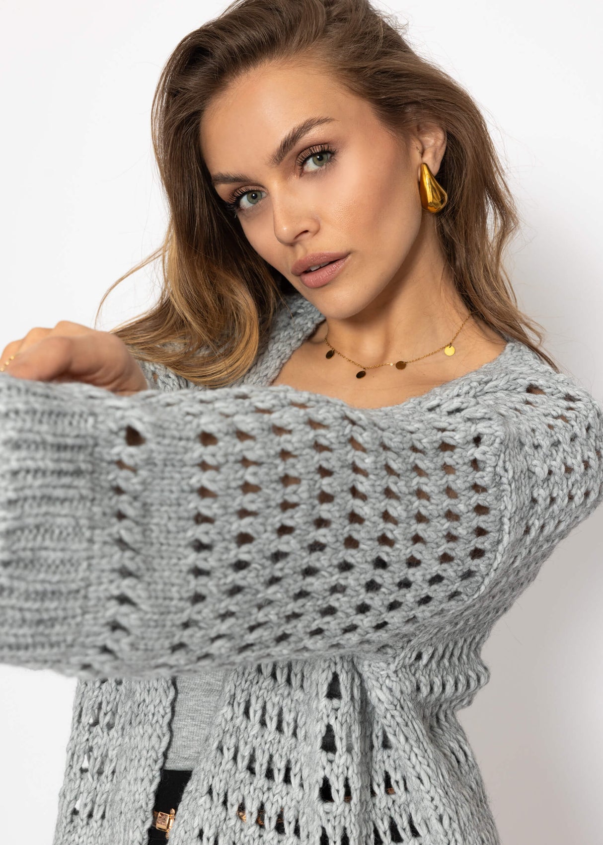 Casual cardigan with lace pattern - gray