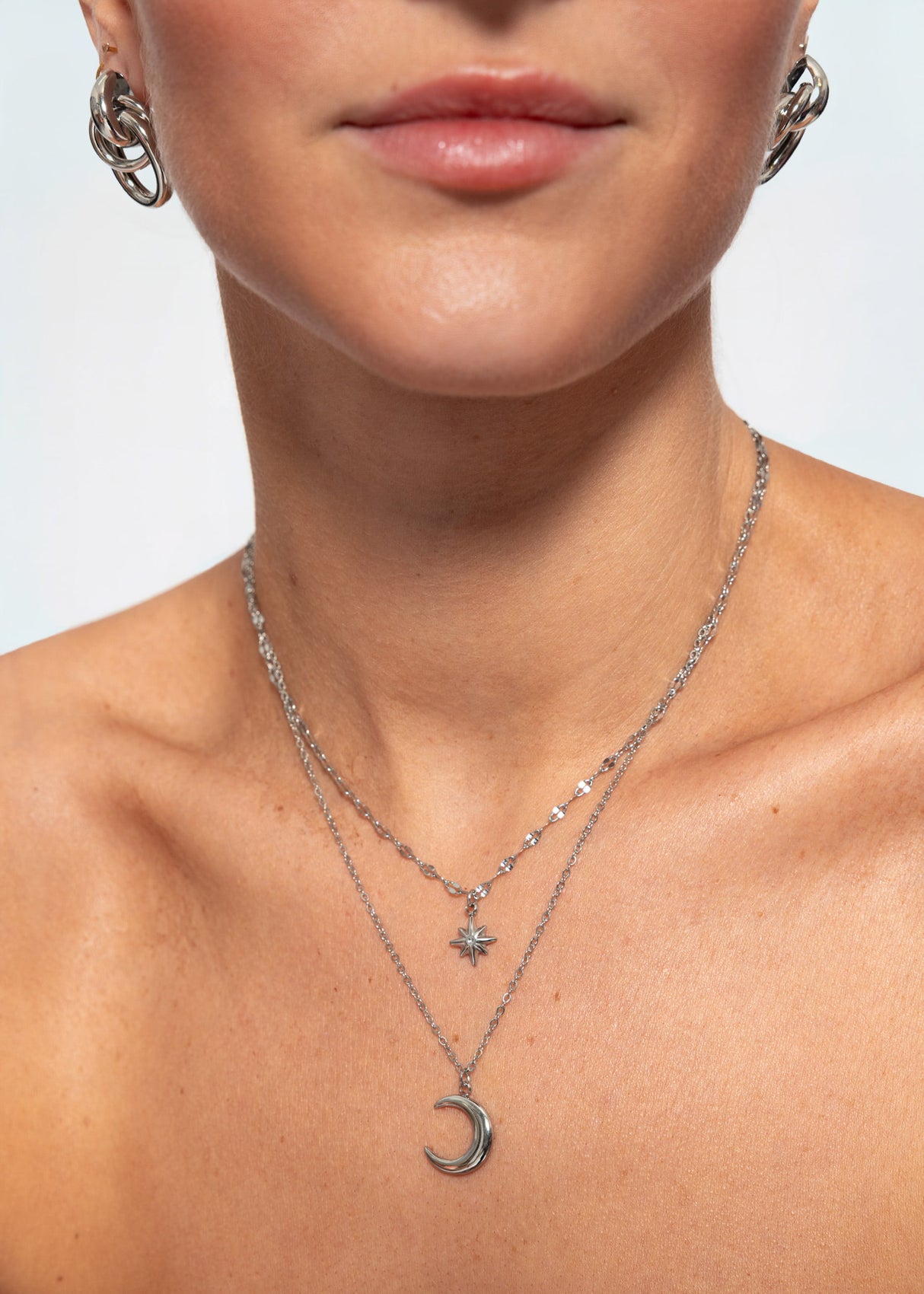 Layer Halskette mit Stern und Mond - silber