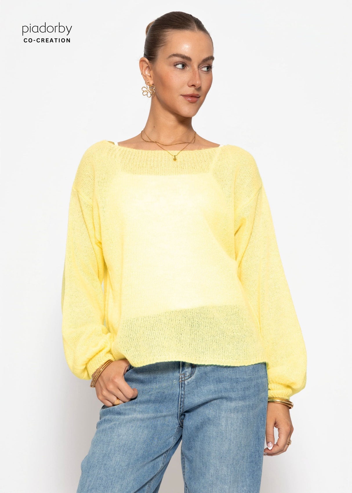 Leicht transparenter Feinstrickpullover - buttergelb