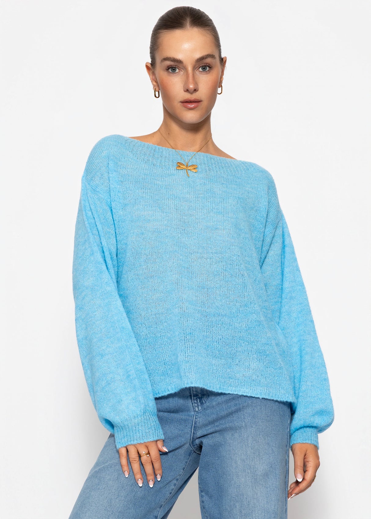 Leicht transparenter Feinstrickpullover - hellblau