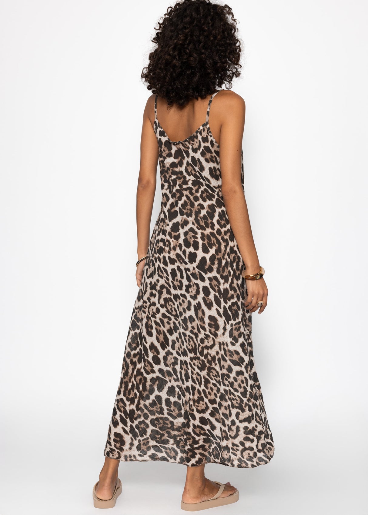 Slightly transparent musselin beach dress with leo -print - beige