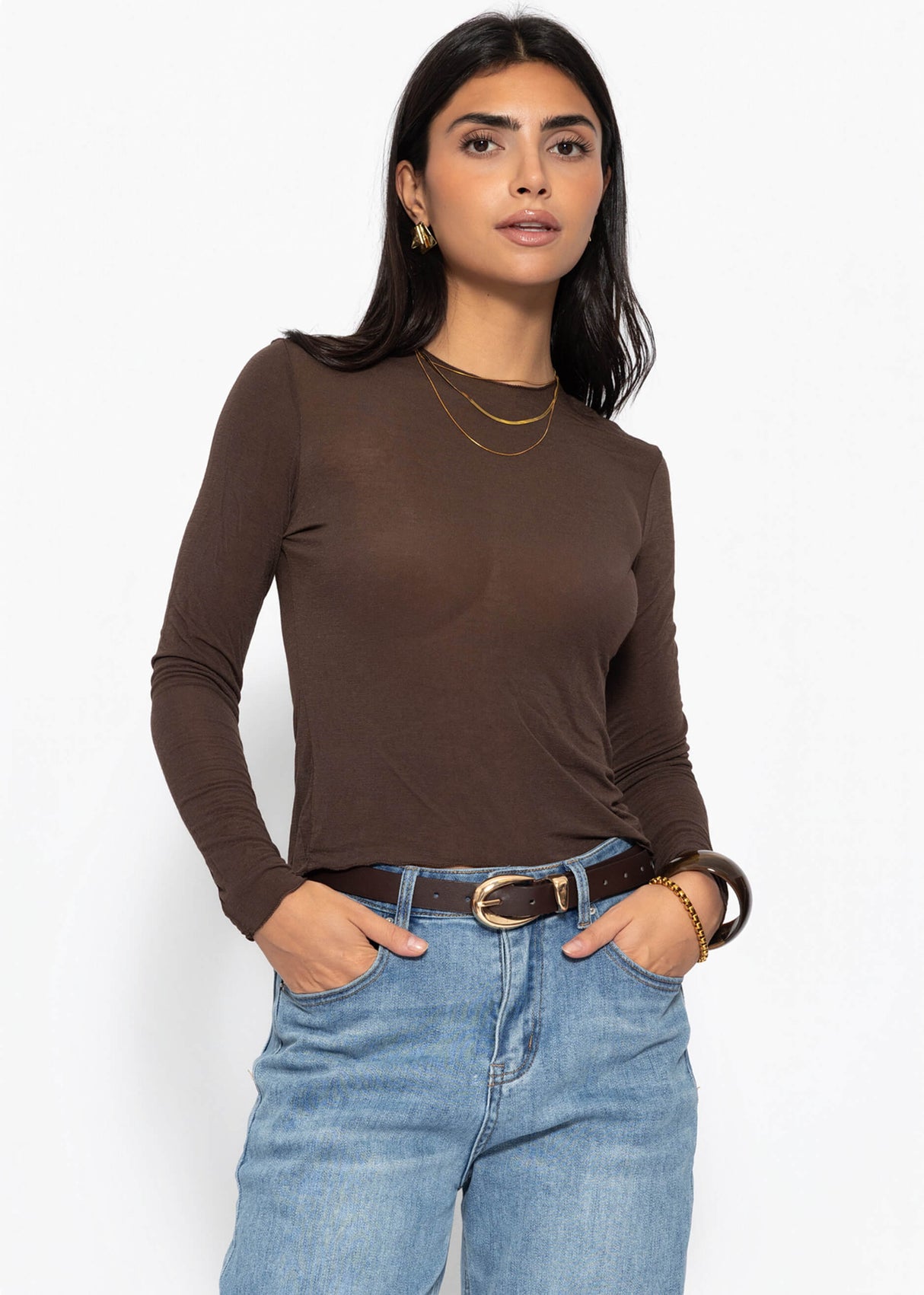 Leicht transparentes Langarmshirt mit Kaschmiranteil- dunkelbraun