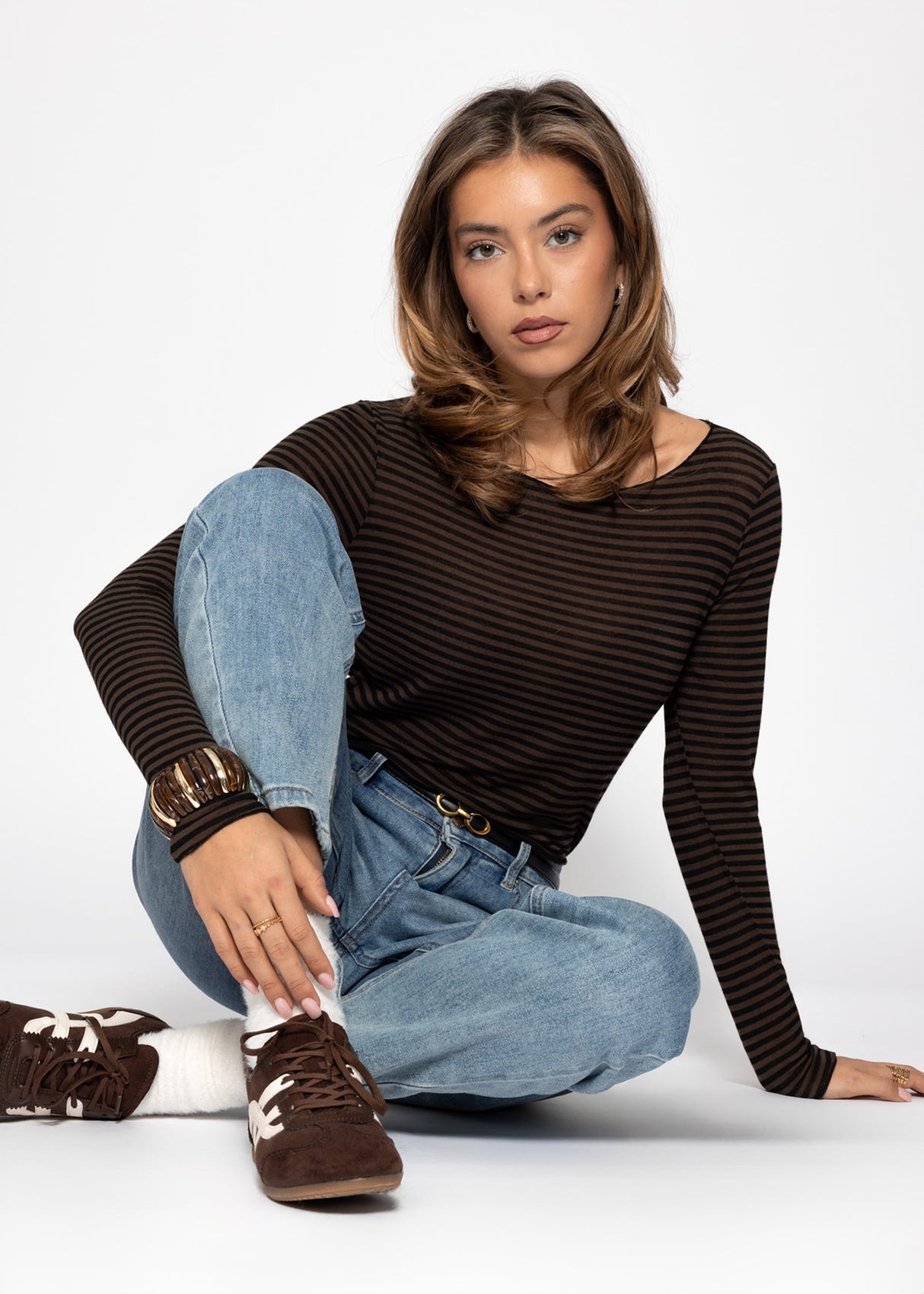 Leicht transparentes Langarmshirt mit Kaschmiranteil- braun-schwarz