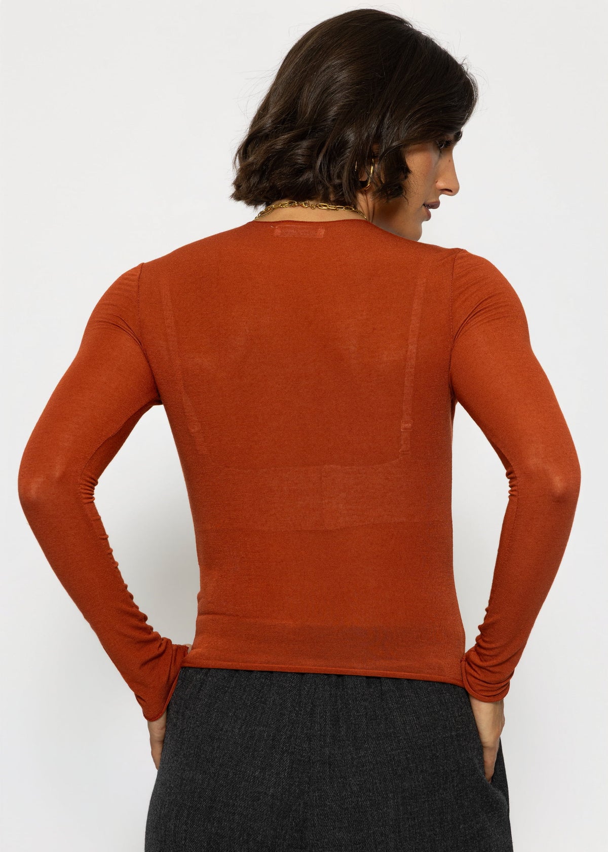 Leicht transparentes Langarmshirt mit Rundhals - rostrot