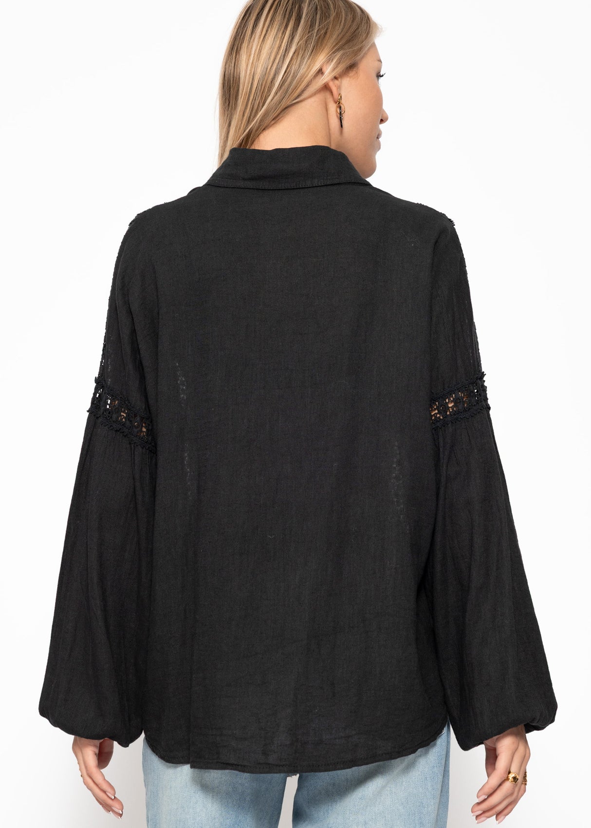 Leinen Bluse mit Spitze - schwarz