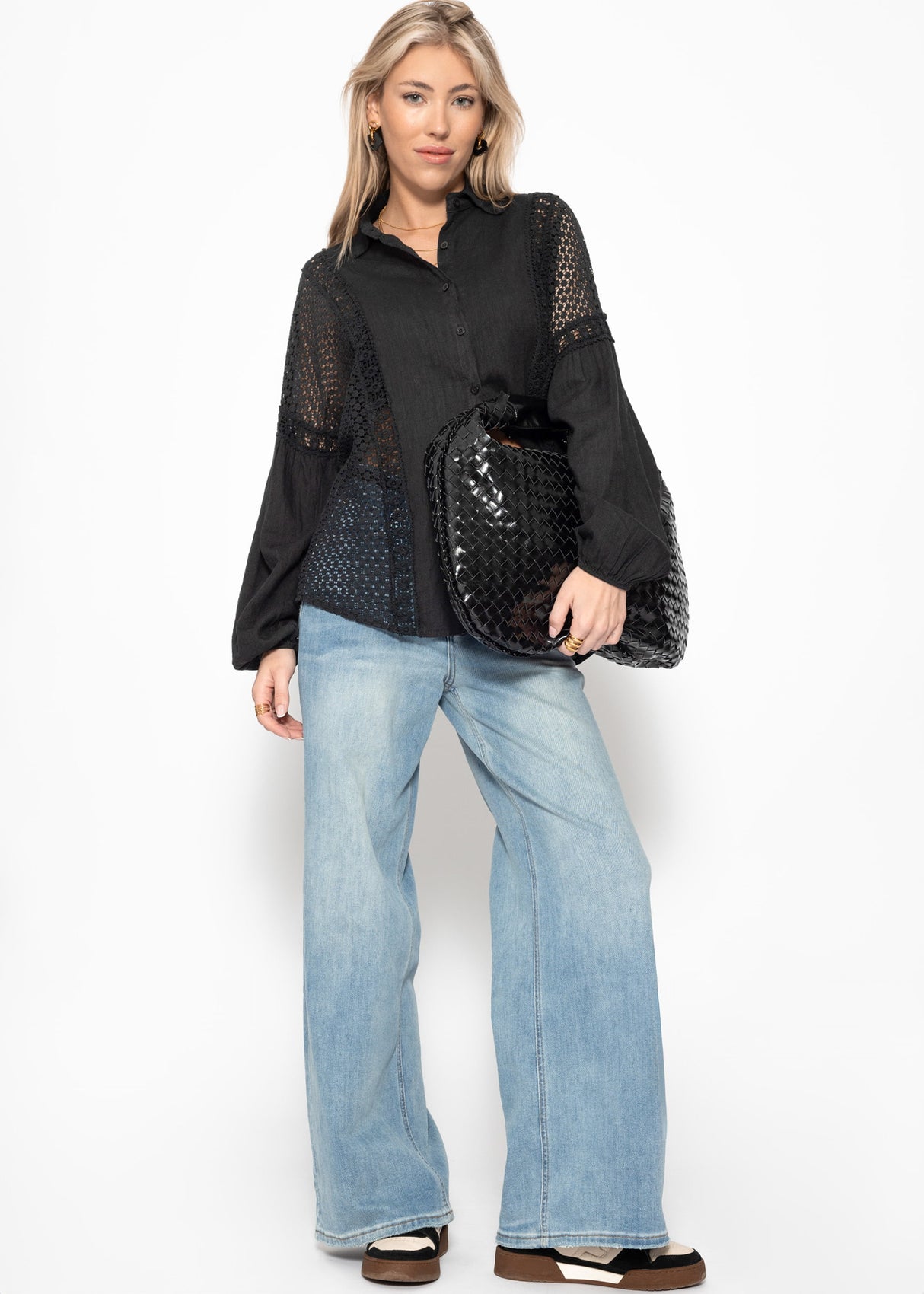 Leinen Bluse mit Spitze - schwarz