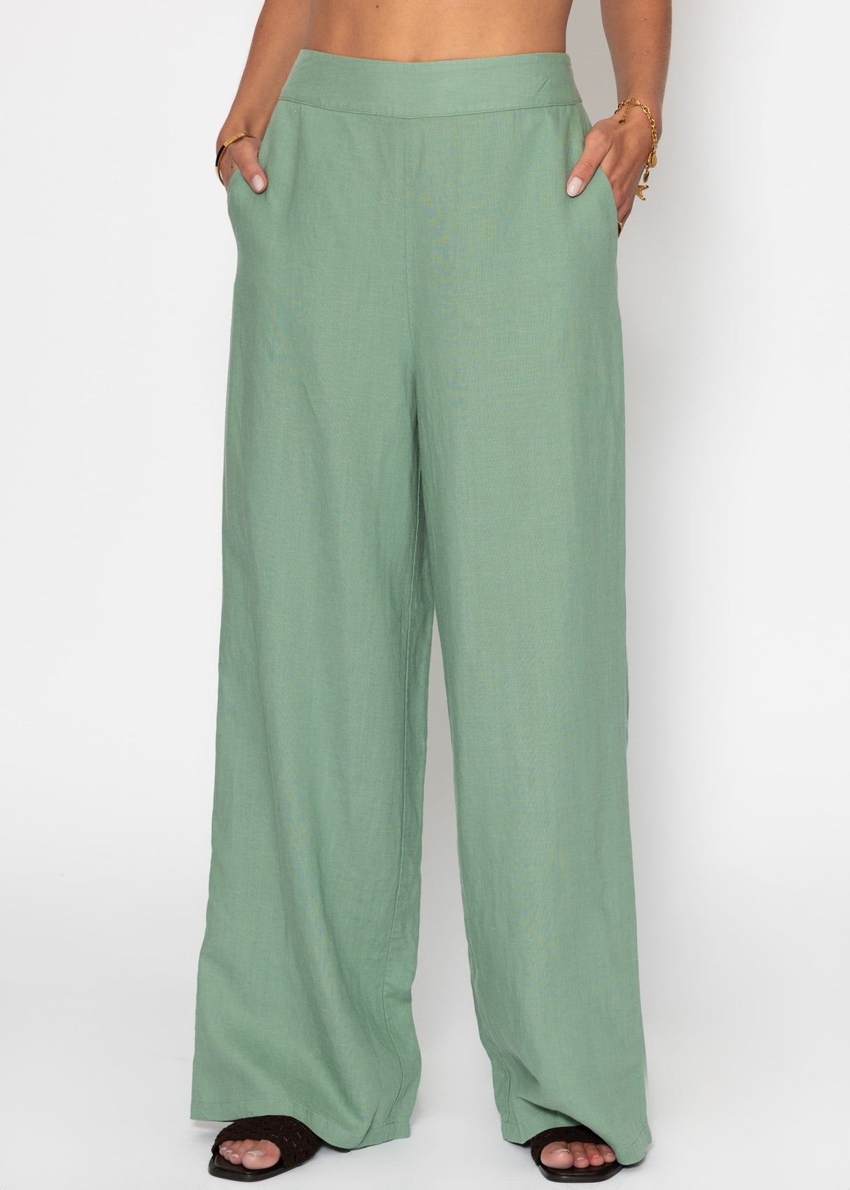Leinen Hose mit geradem Bein - salbeigrün