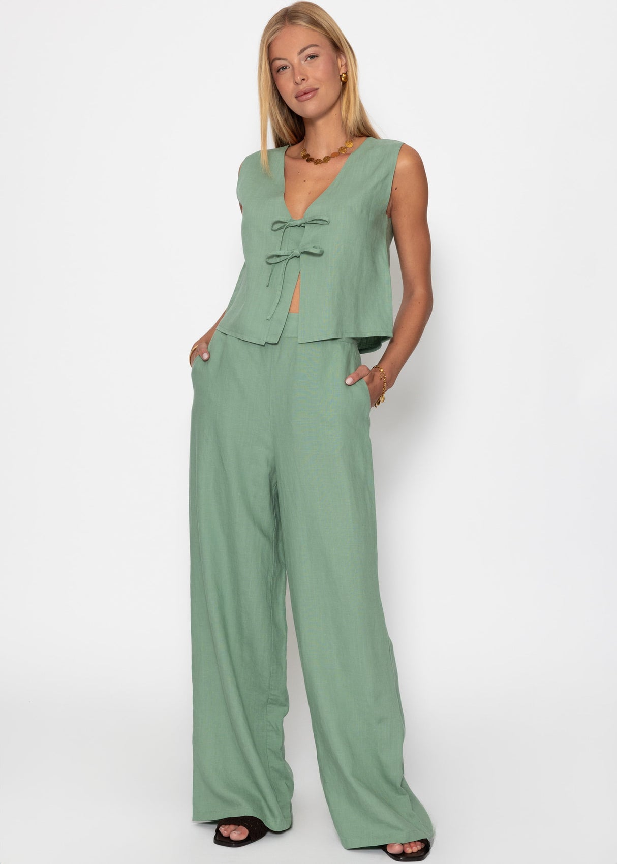 Leinen Hose mit geradem Bein - salbeigrün