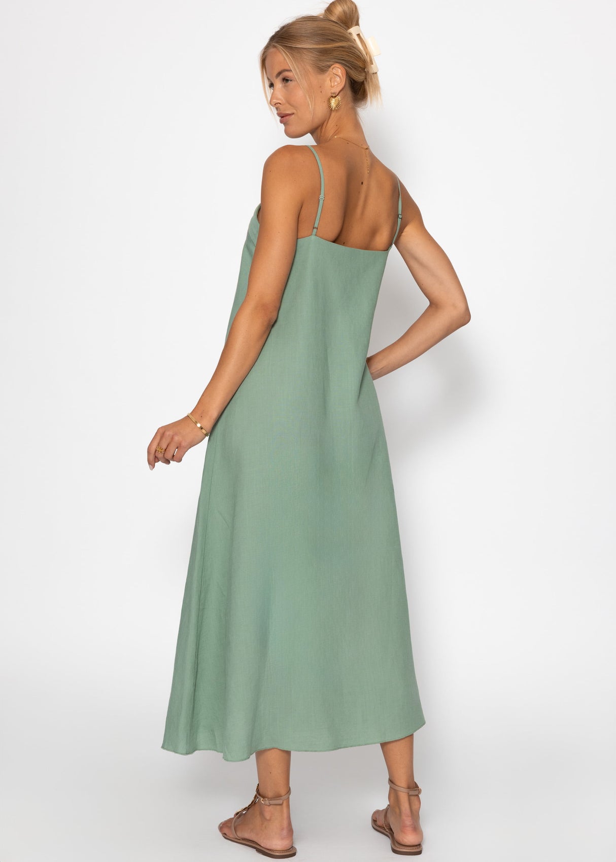 Leinen Kleid mit Spaghetti-Trägern - salbeigrün