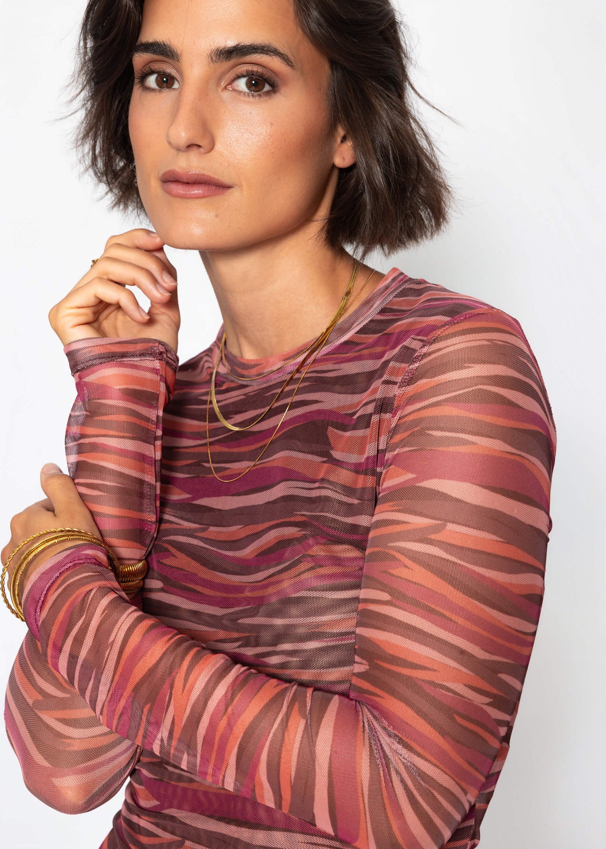 Mesh Langarmshirt mit abstrakten Streifen - beere