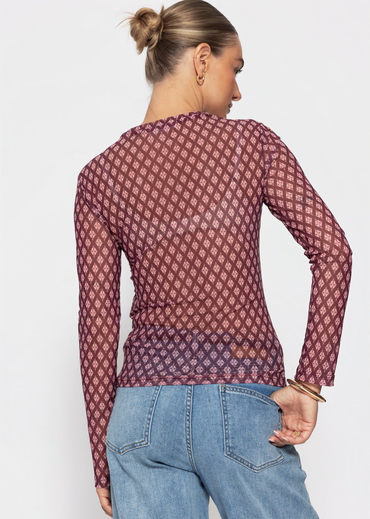Mesh Langarmshirt mit geometrischem Muster - burgundy