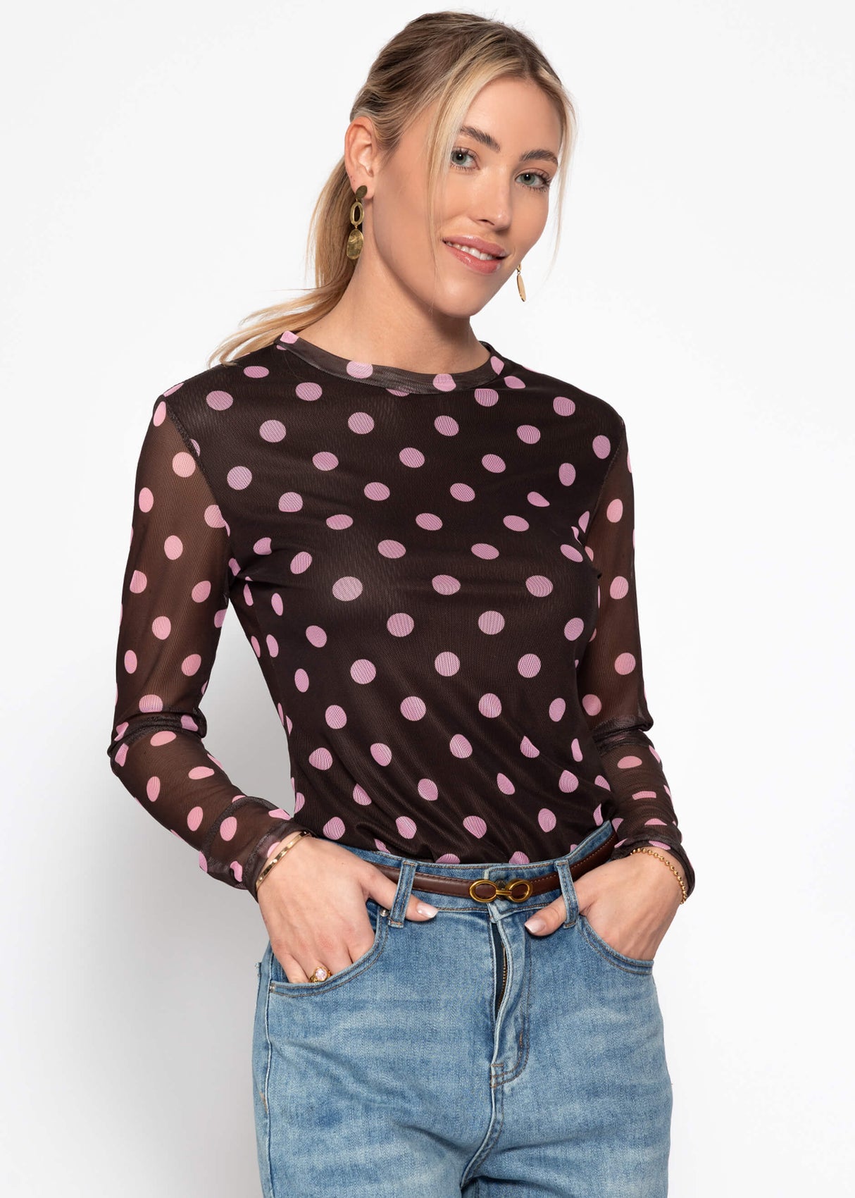 Mesh Langarmshirt mit großen Punkten - braun-rosa