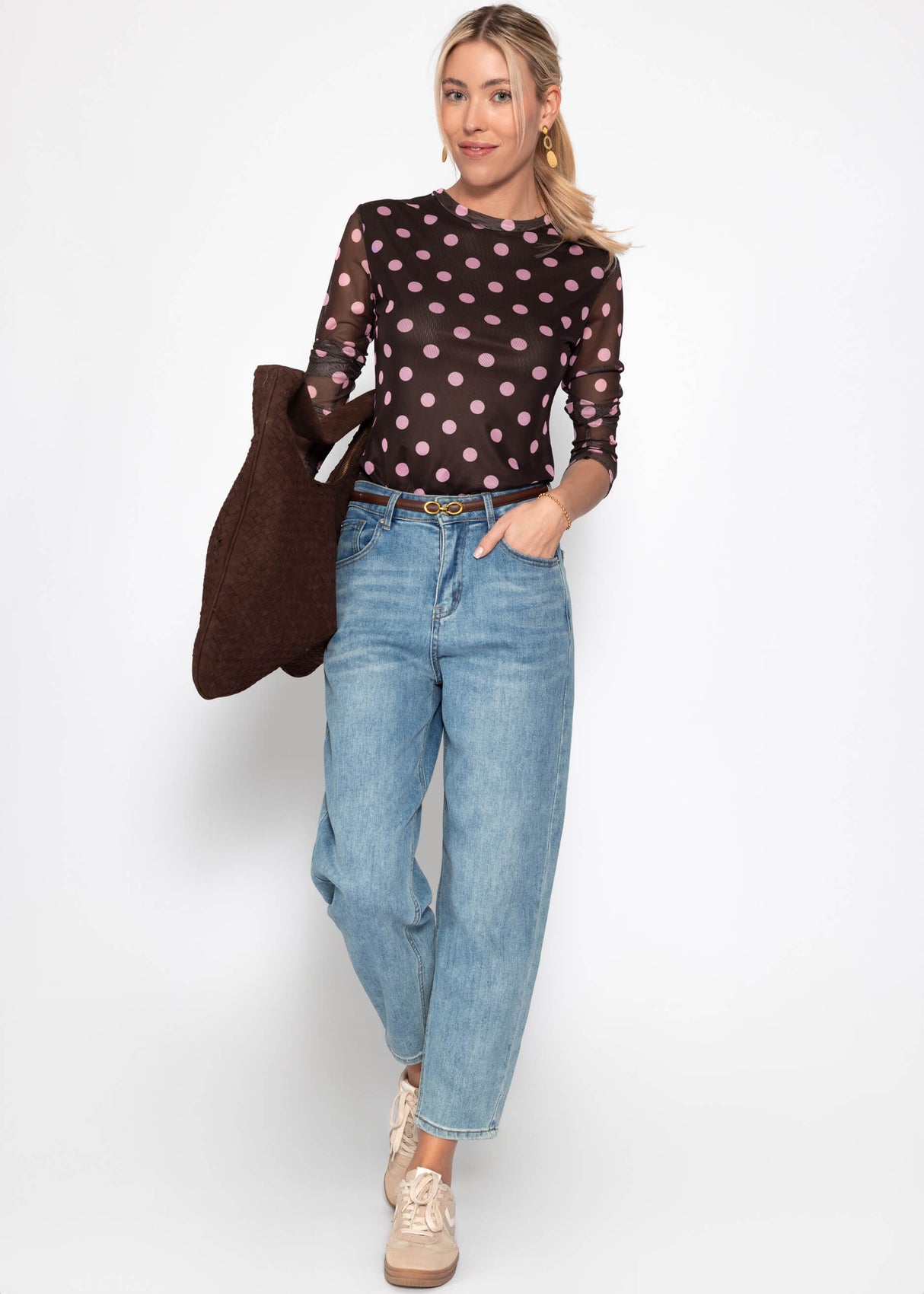 Mesh Langarmshirt mit großen Punkten - braun-rosa