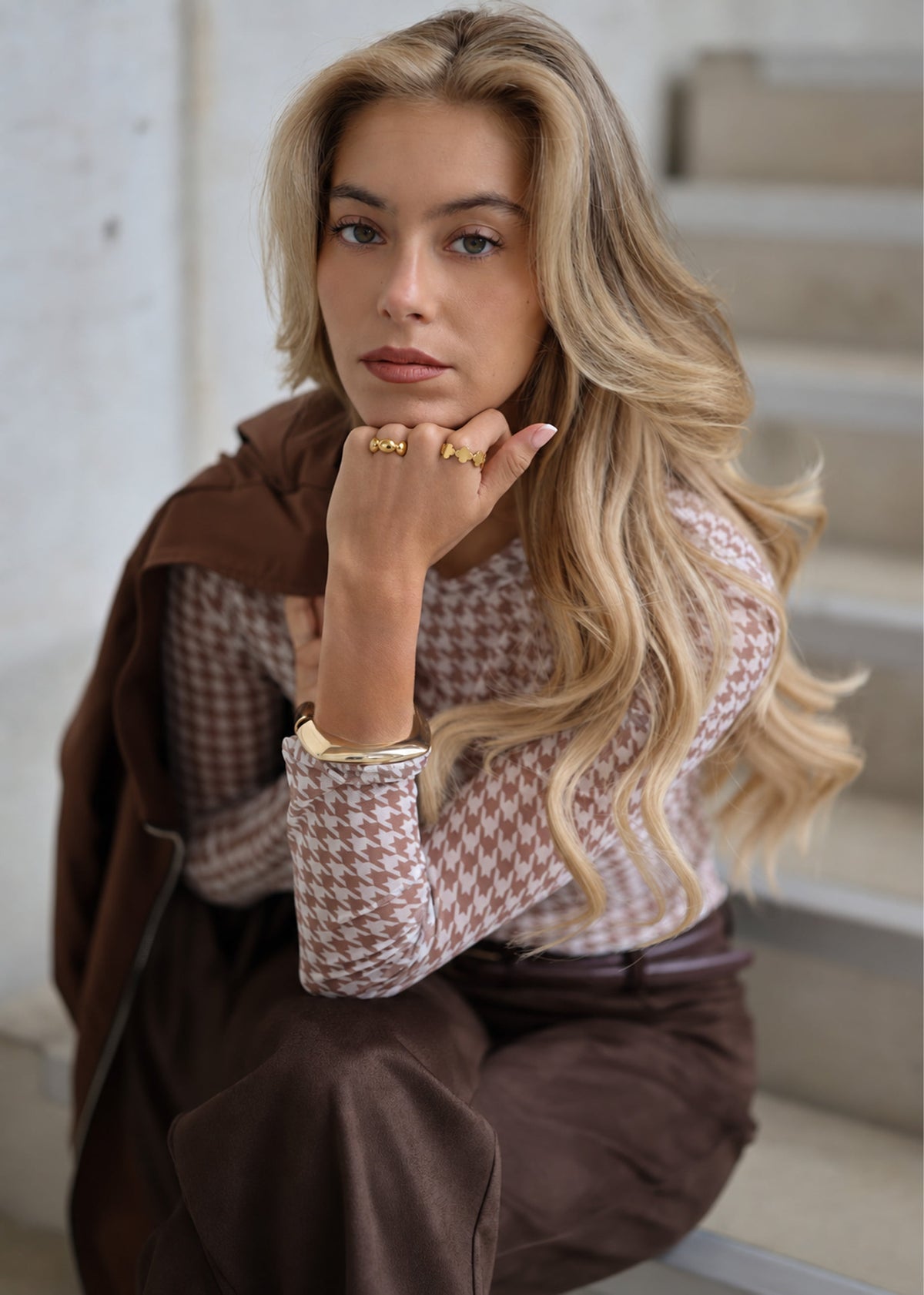 Mesh Langarmshirt mit Hahnentrittmuster - beige