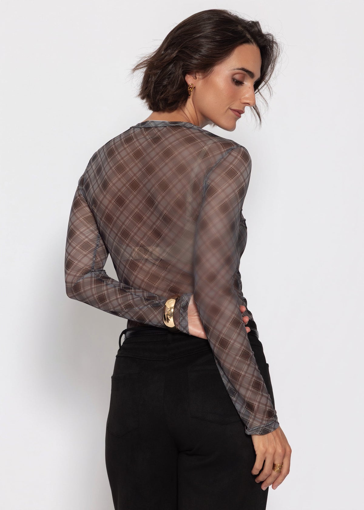 Mesh long-sleeved top with checked pattern - black