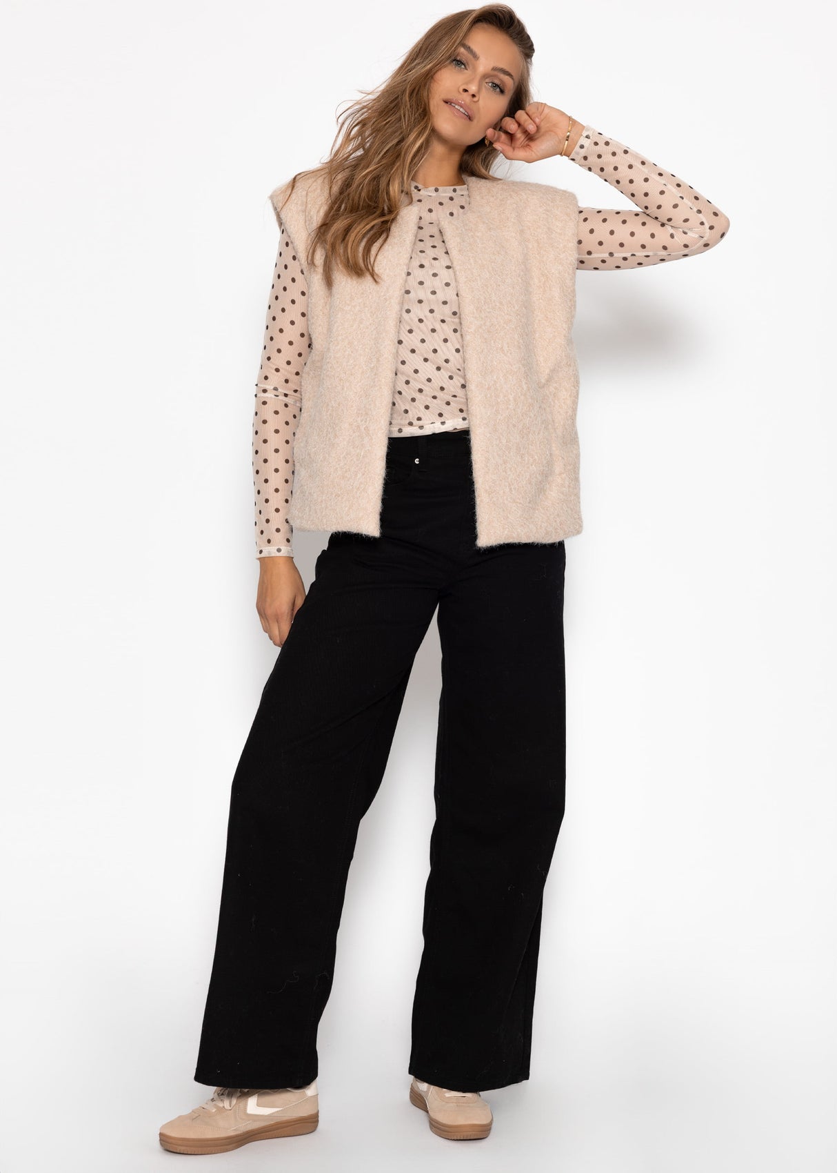 Mesh Langarmshirt mit Punkten - beige