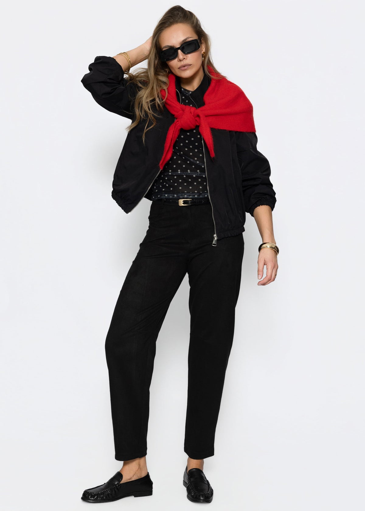 Mesh Langarmshirt mit Punkten - schwarz