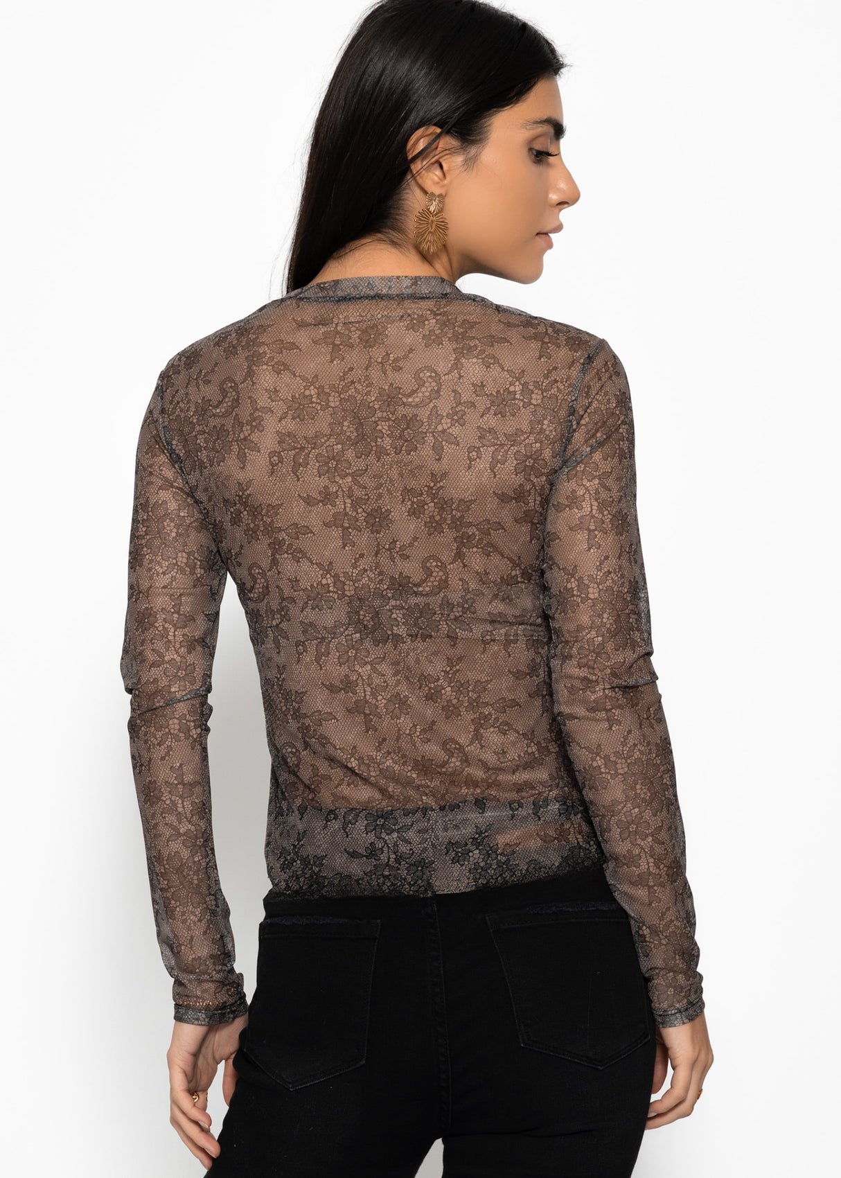 Mesh Langarmshirt mit Spitzen-Print - schwarz