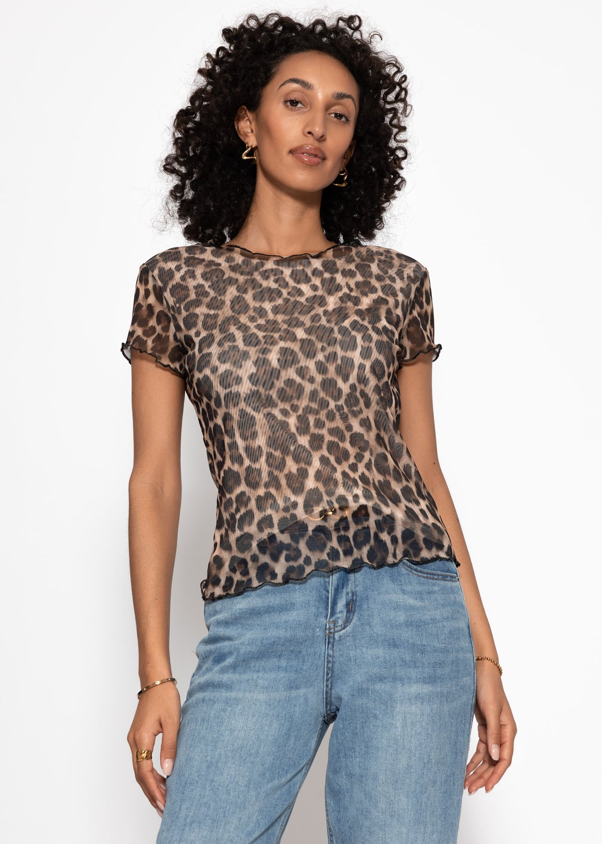Mesh T-Shirt mit Leo-Print - braun