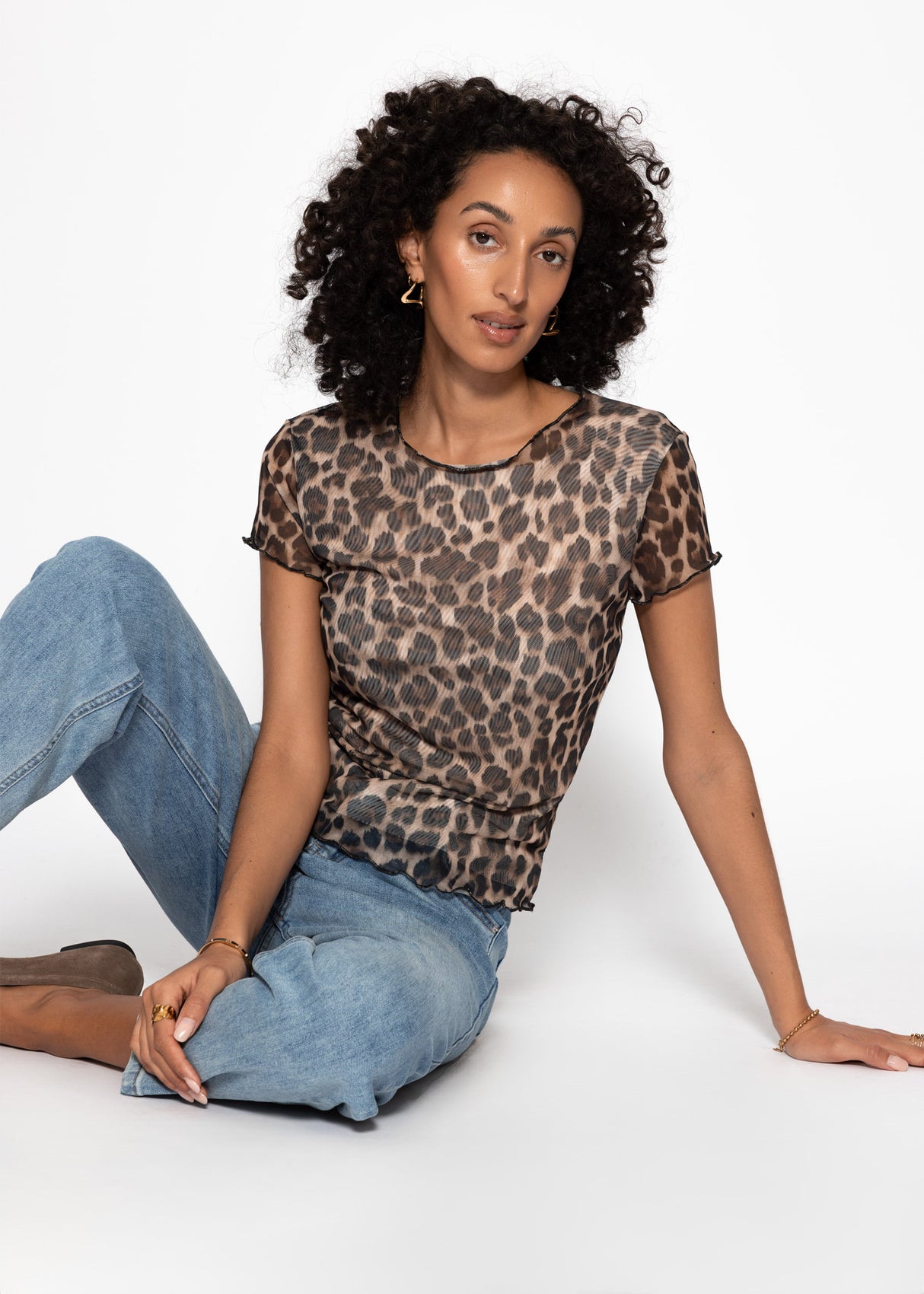 Mesh T-Shirt mit Leo-Print - braun