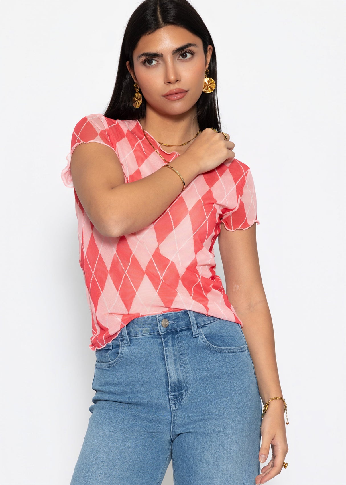 Mesh T-shirt with diamond print - pink