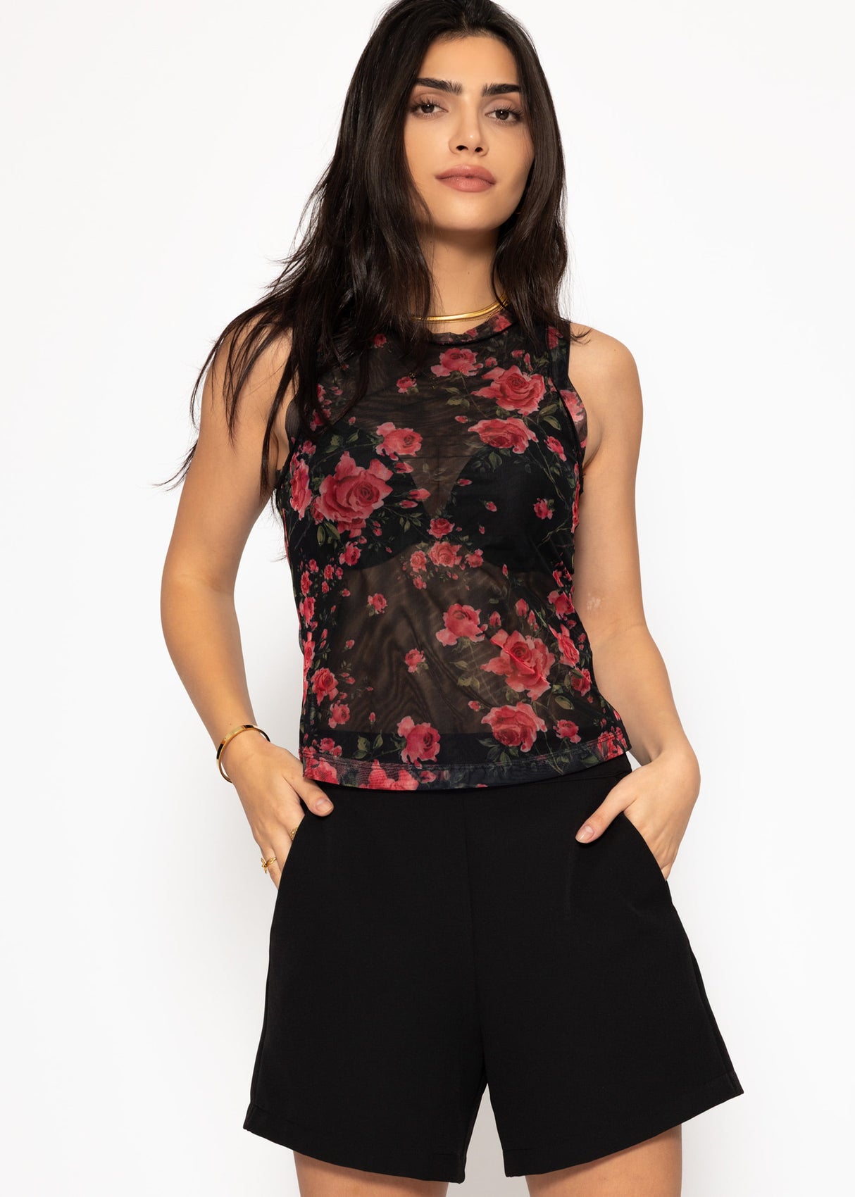 Mesh top with floral print - black