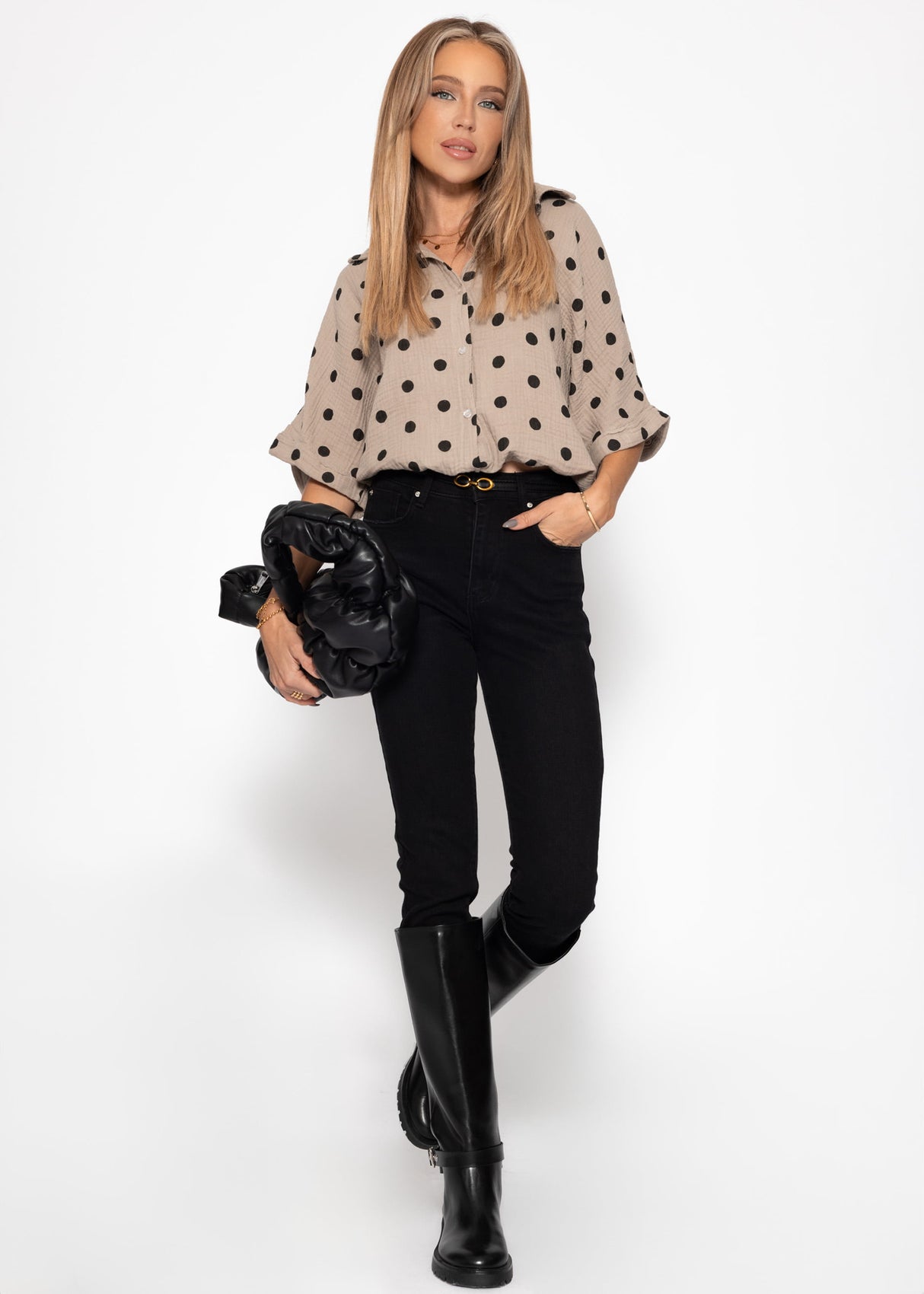 Blouse with a train tape and dots - taupe