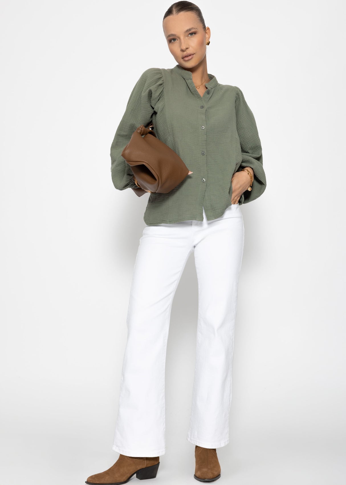 Musselin Bluse mit Fledermausärmeln - olivgrün