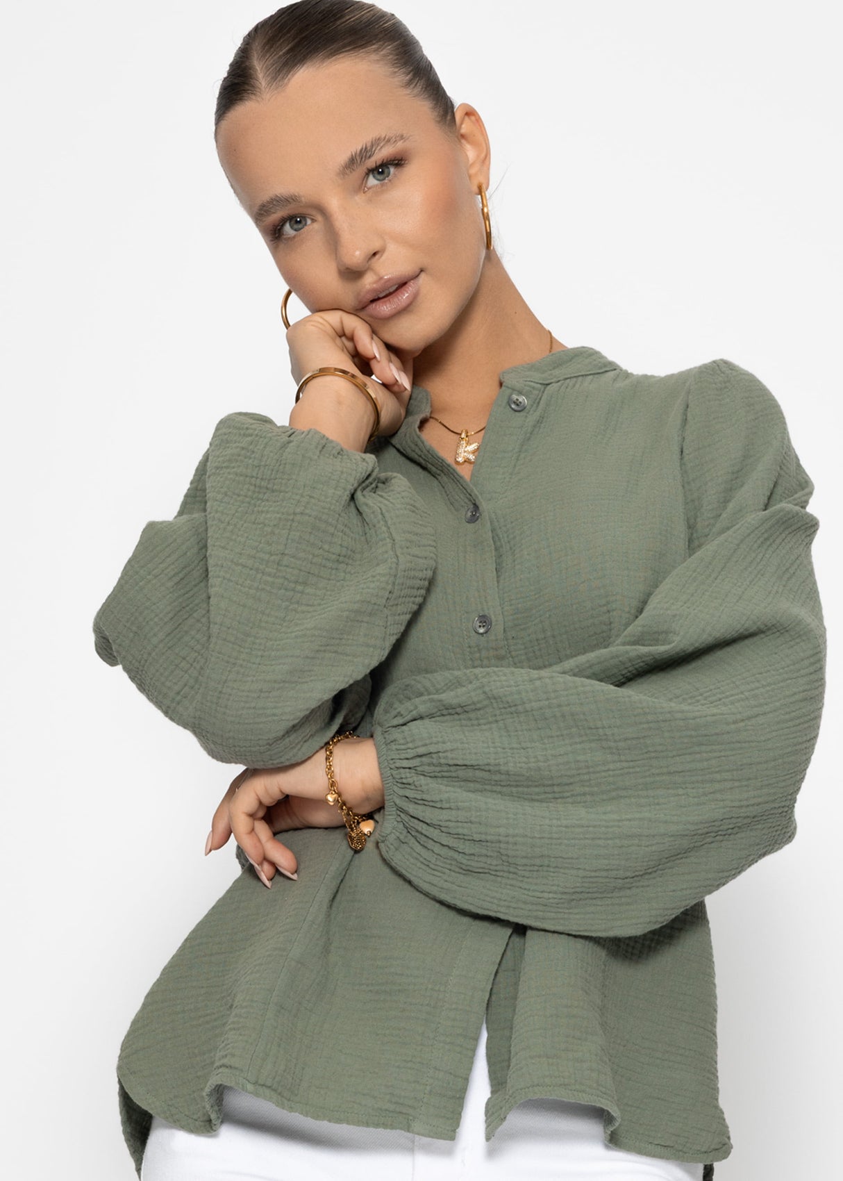 Musselin Bluse mit Fledermausärmeln - olivgrün