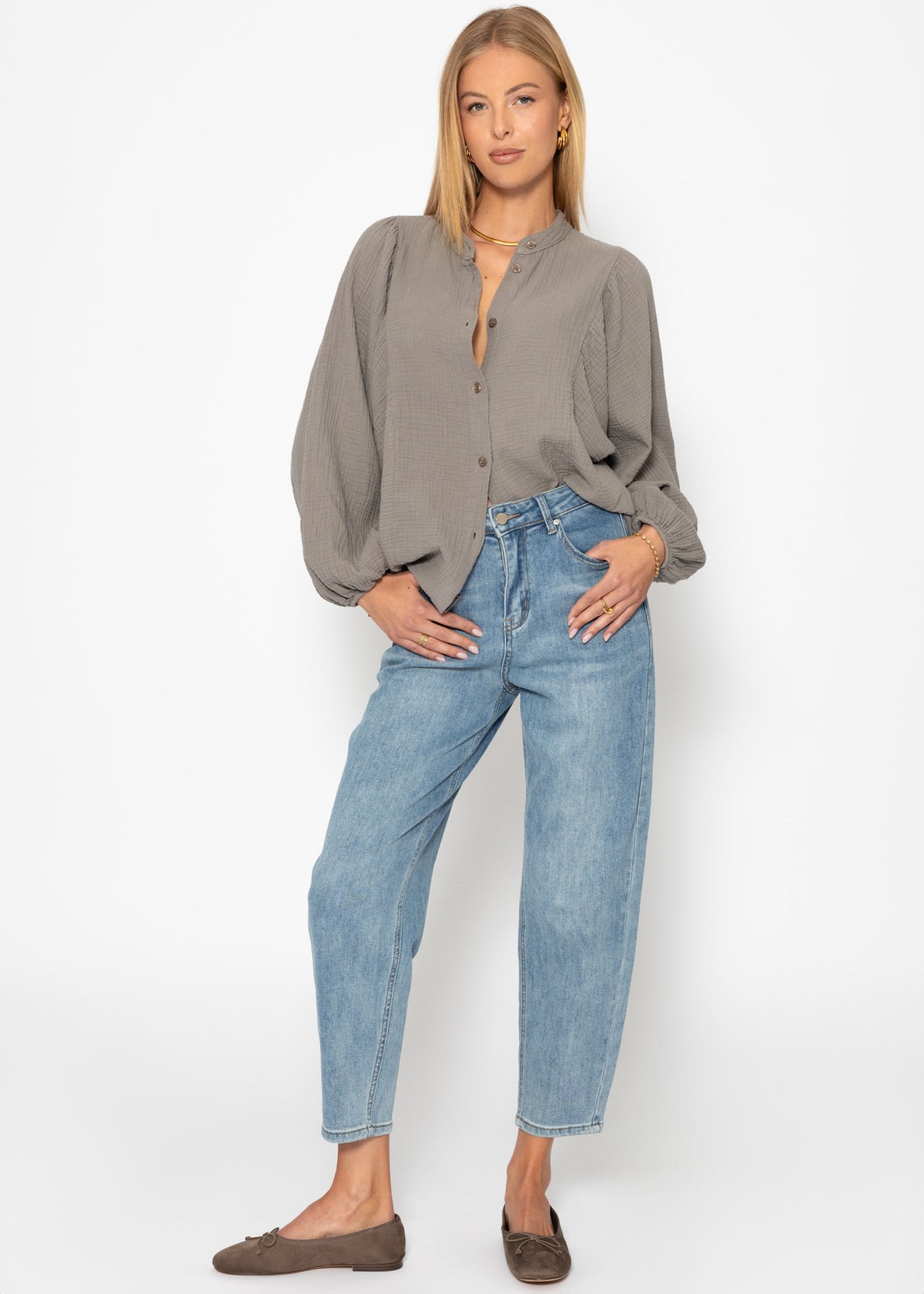 Muslin blouse with batwing sleeves - taupe