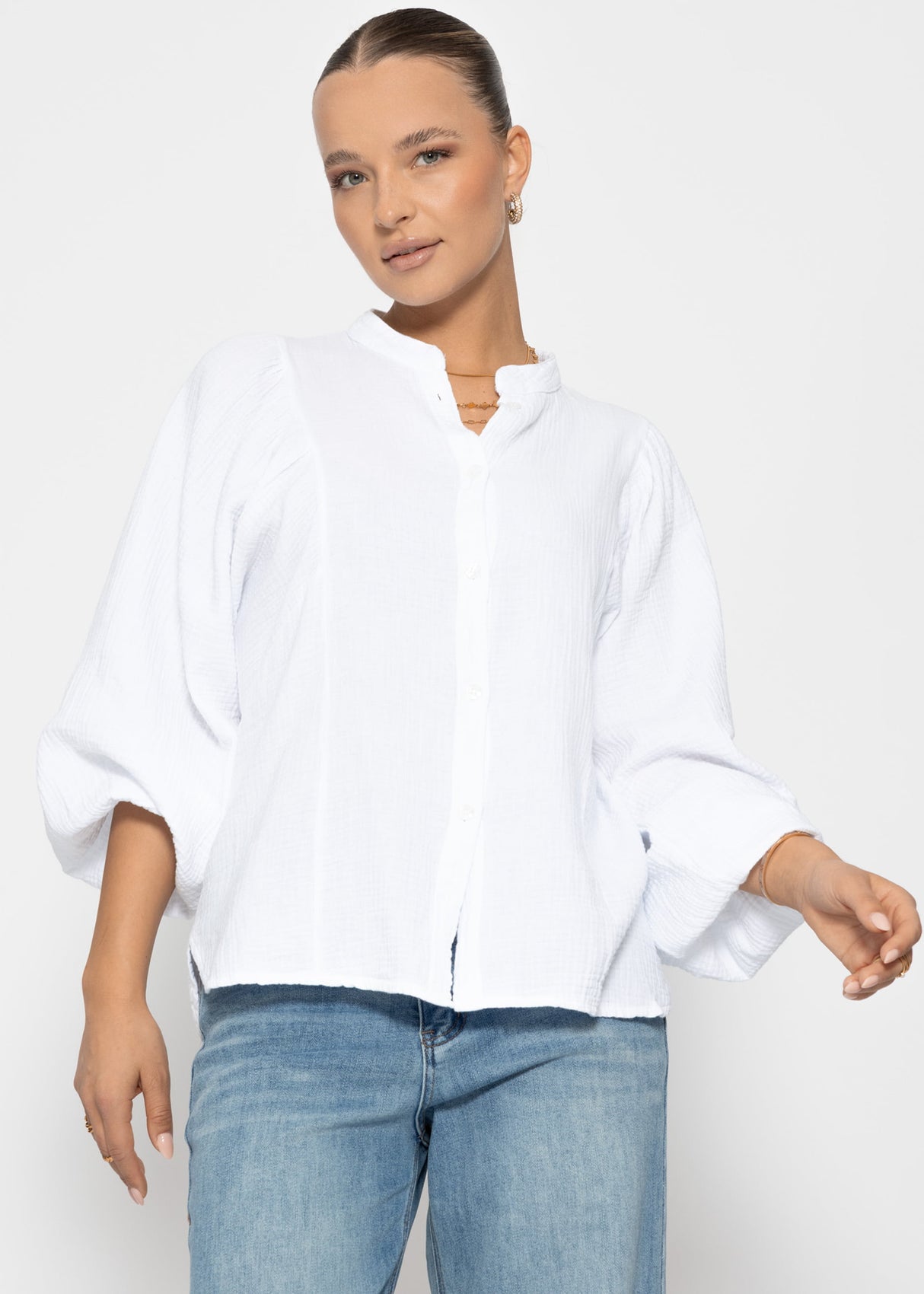 Musselin Bluse mit Fledermausärmeln - weiß