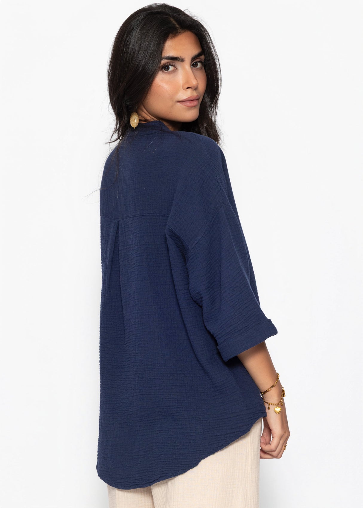 Musselin Bluse mit halblangen Ärmeln - dunkelblau