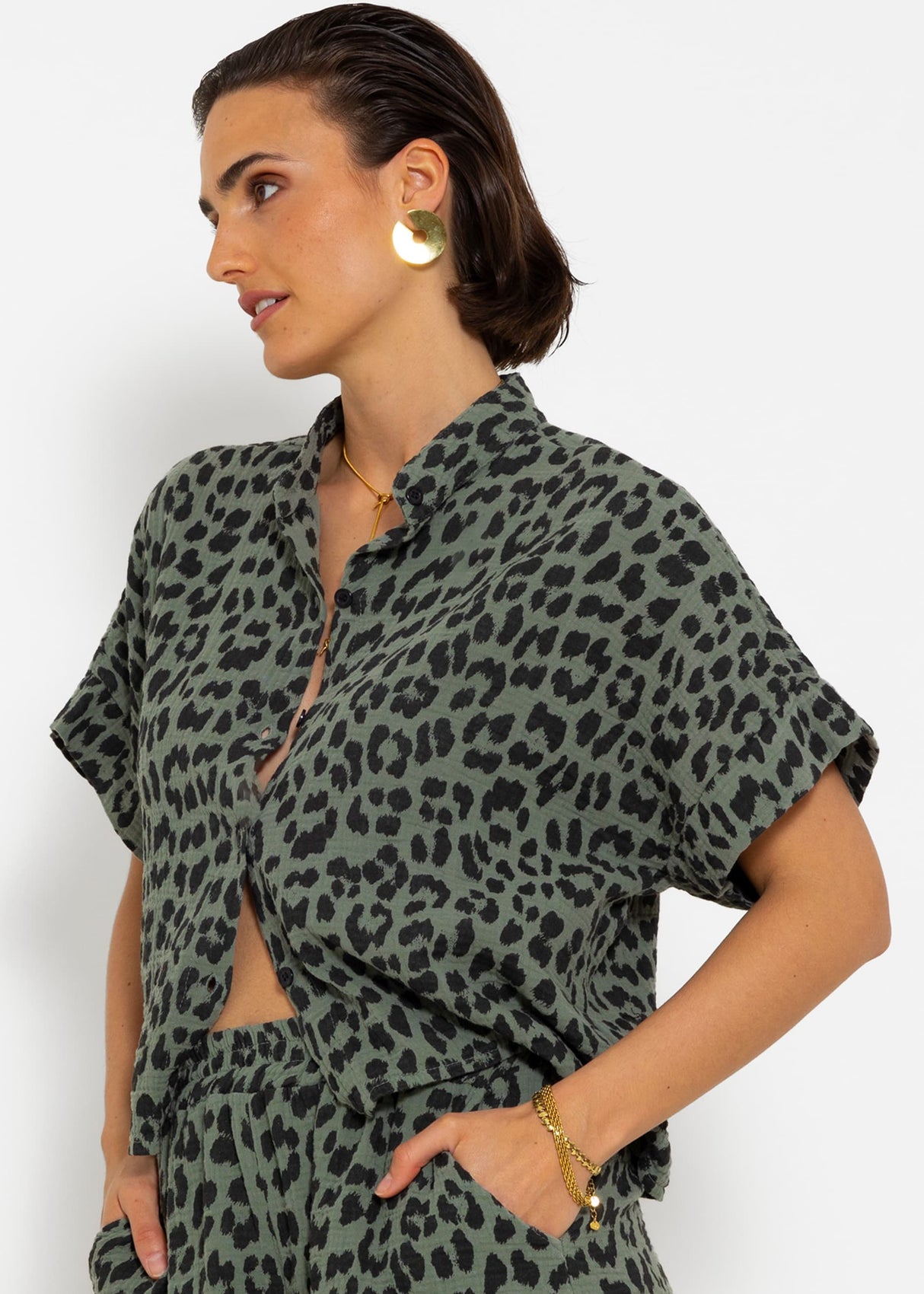 Muslin blouse with leopard print - khaki