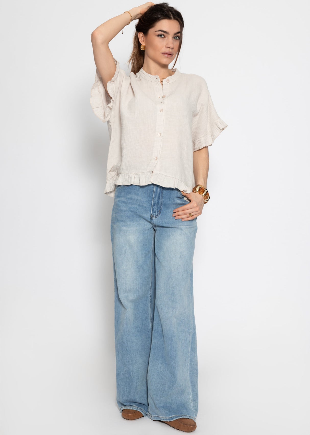 Musselin Bluse mit Rüschensaum - hellbeige