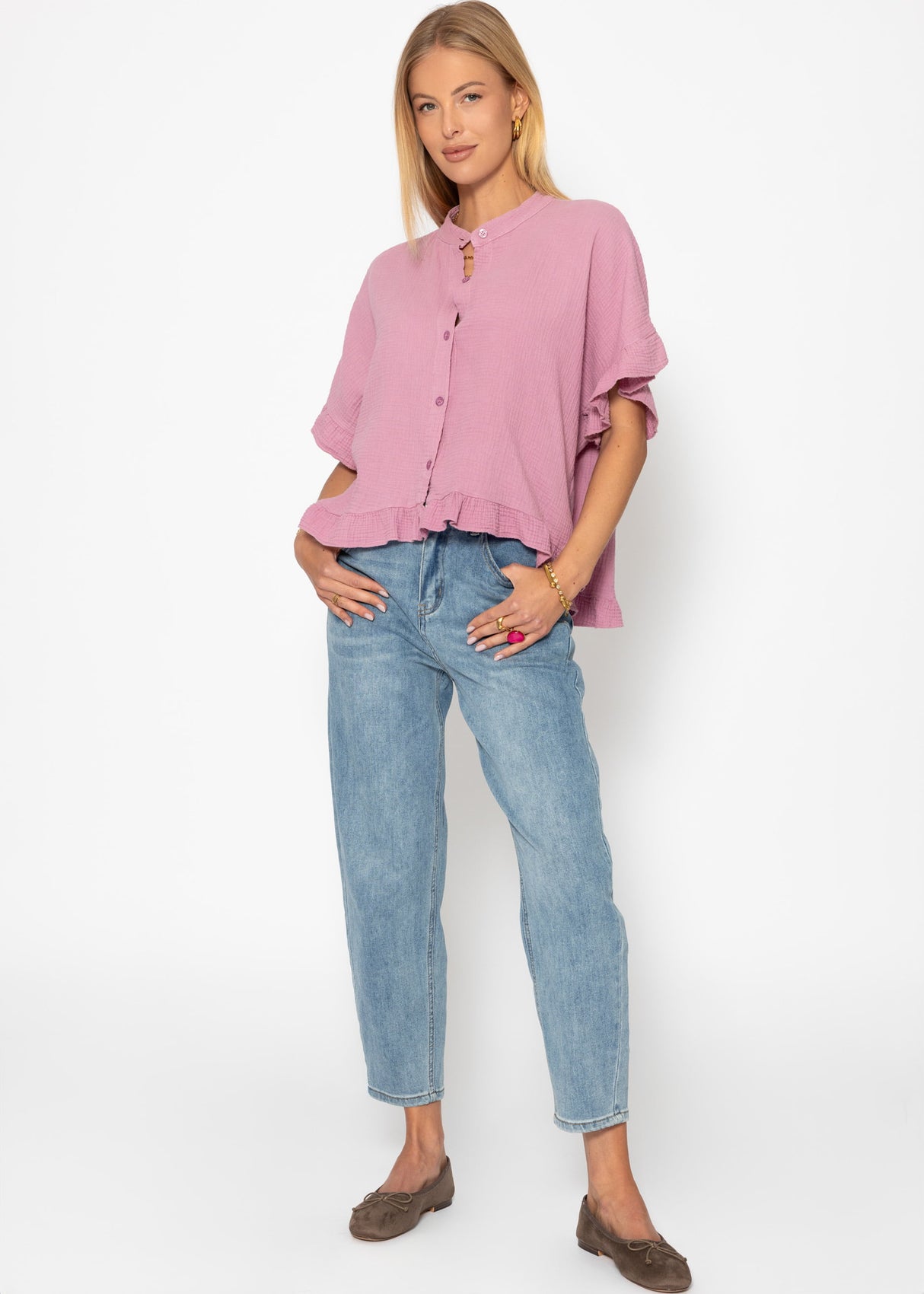 Musselin Bluse mit Rüschensaum - rosa