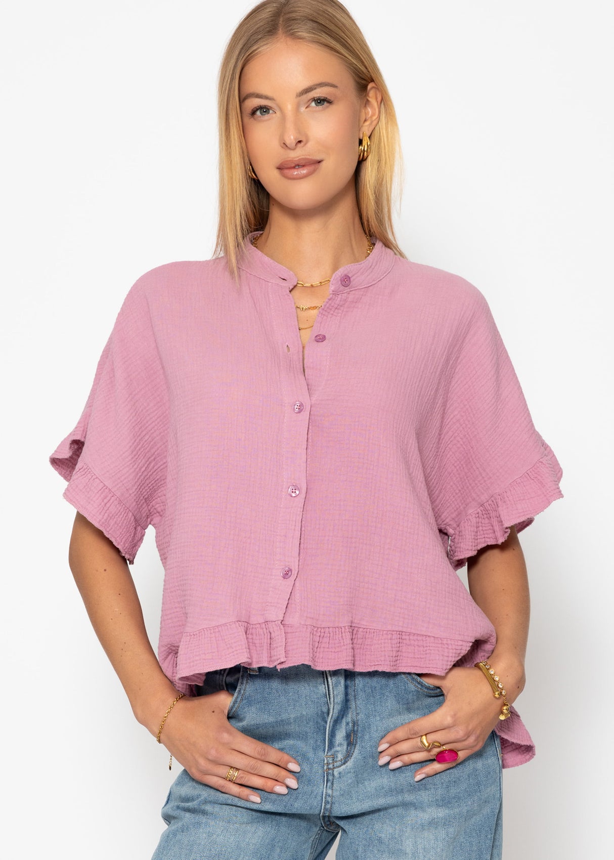 Musselin Bluse mit Rüschensaum - rosa