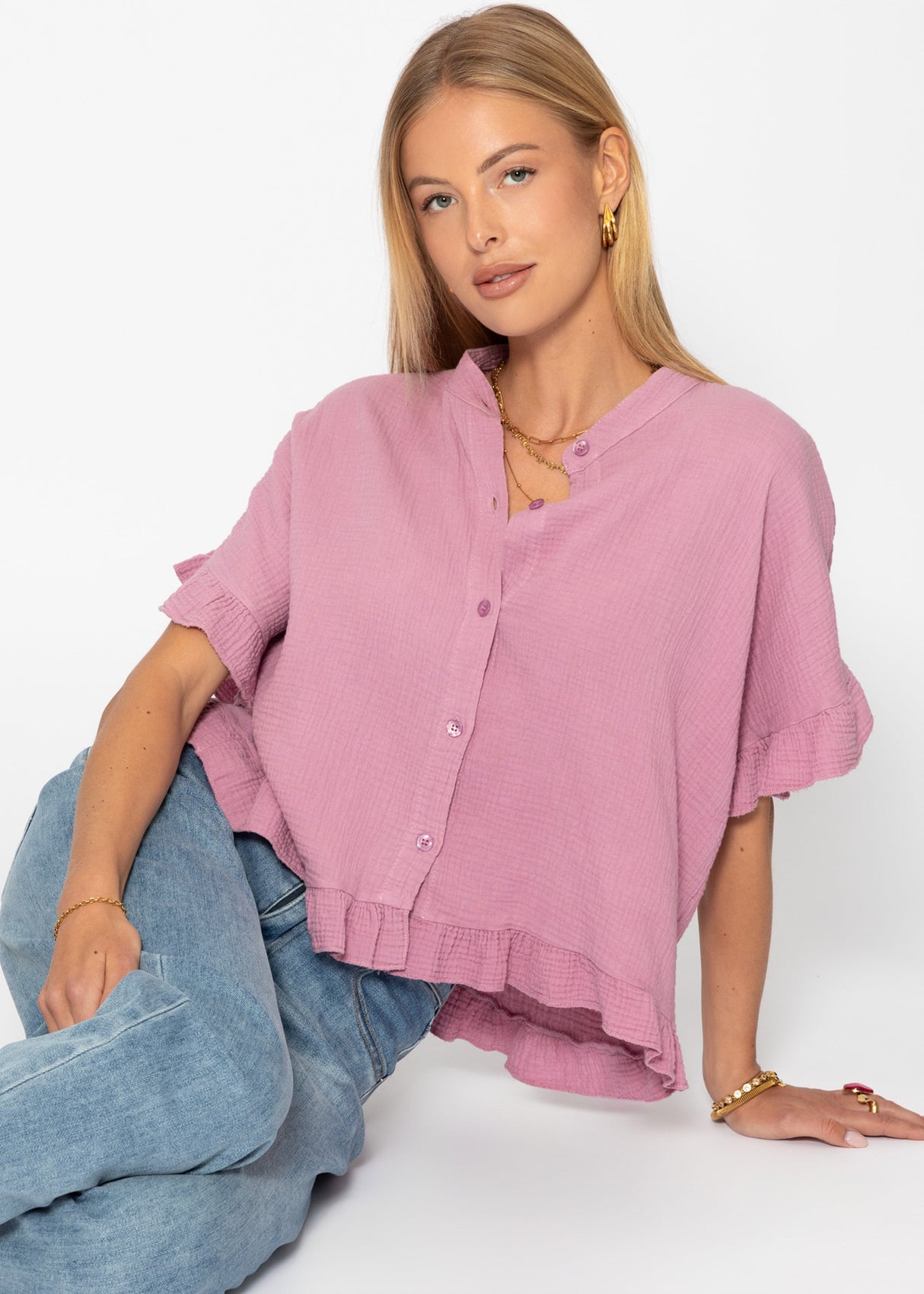 Musselin Bluse mit Rüschensaum - rosa