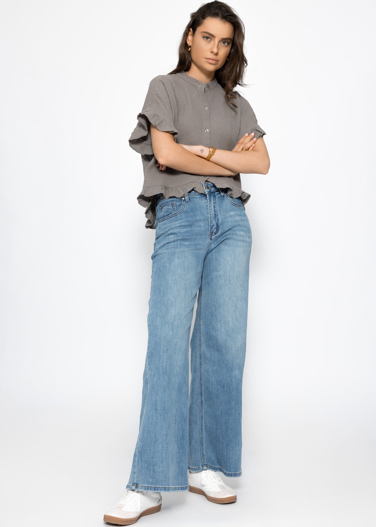 Musselin Bluse mit Rüschensaum - taupe